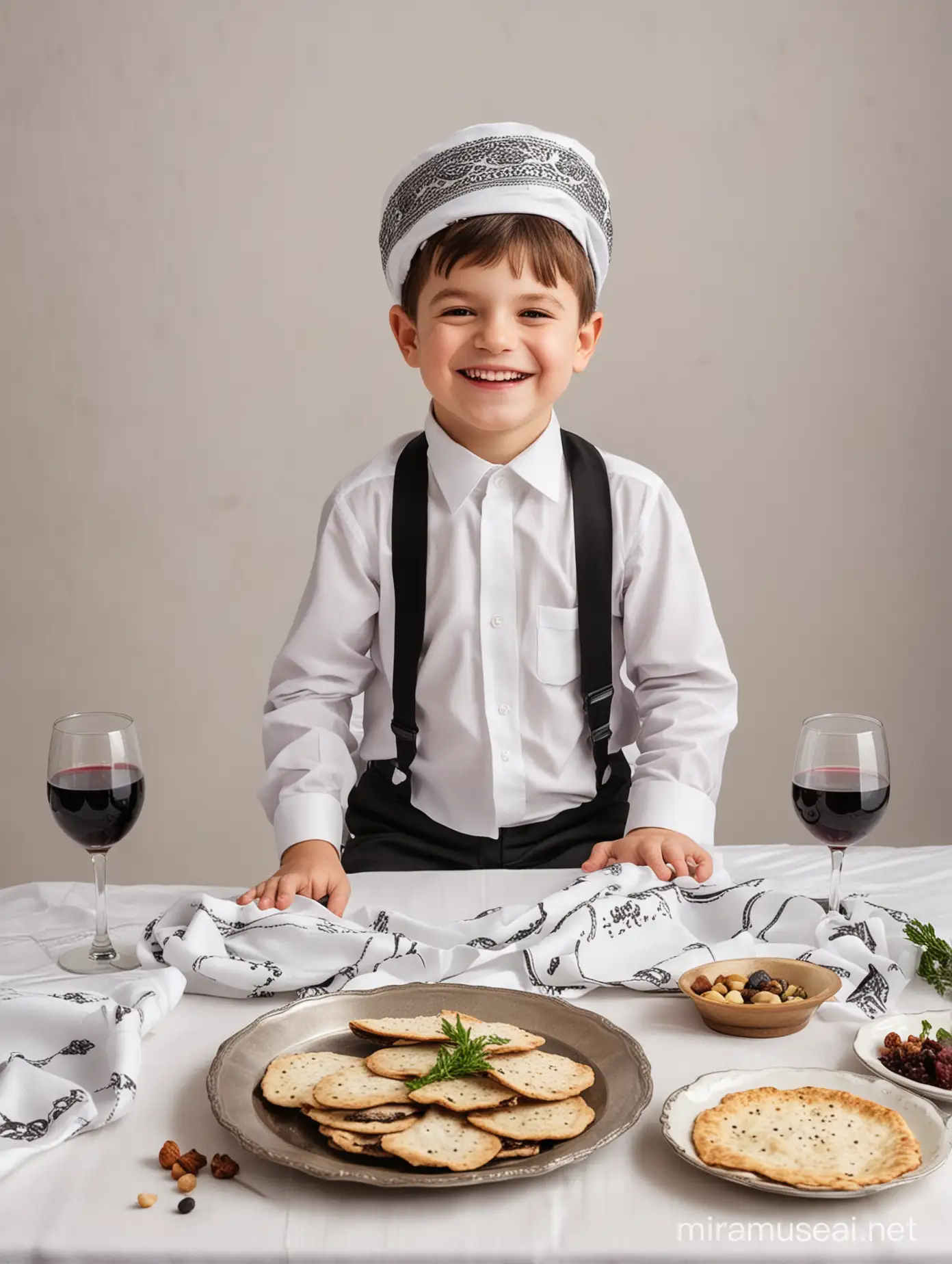 A child is sitting at a Pesach table, a kippa on his head, on the table a white tablecloth, a Seder veil, matzots, wine and glasses of wine, the child is happy with his hands on his sides and a big smile, because he found an afikoman in the Pesach order