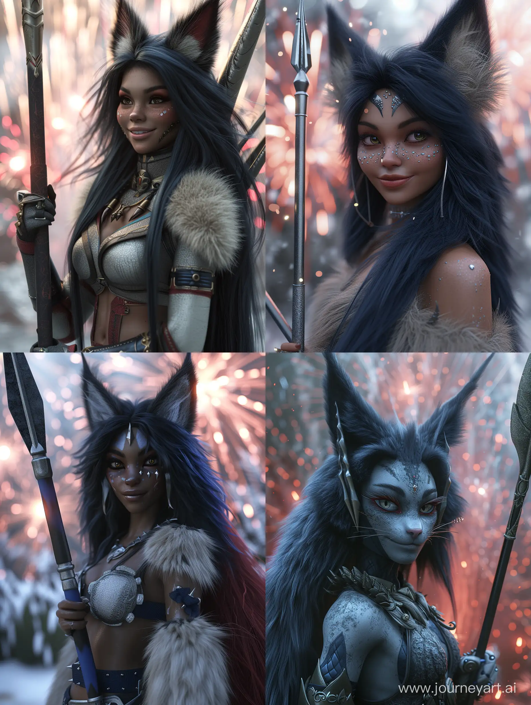 Felinoid, warrior princess, dark skinned, cat-like ears, full body, full body, full body centered composition, 
indigo moss red fulvous cream silver photorealistic beautiful eyes, beautiful skin details, highly detailed long silken fur, fursona, furaffinity, attractive, confident, optimistic, smiling, heavenly look, hi-tech spear, background theme spring, fireworks, acrylic on paper portrait, ultra realistic, global illumination, occlusion, volumetric lighting, volumetric mist, sharp focus, narrow dof, 128k uhd poser, octane