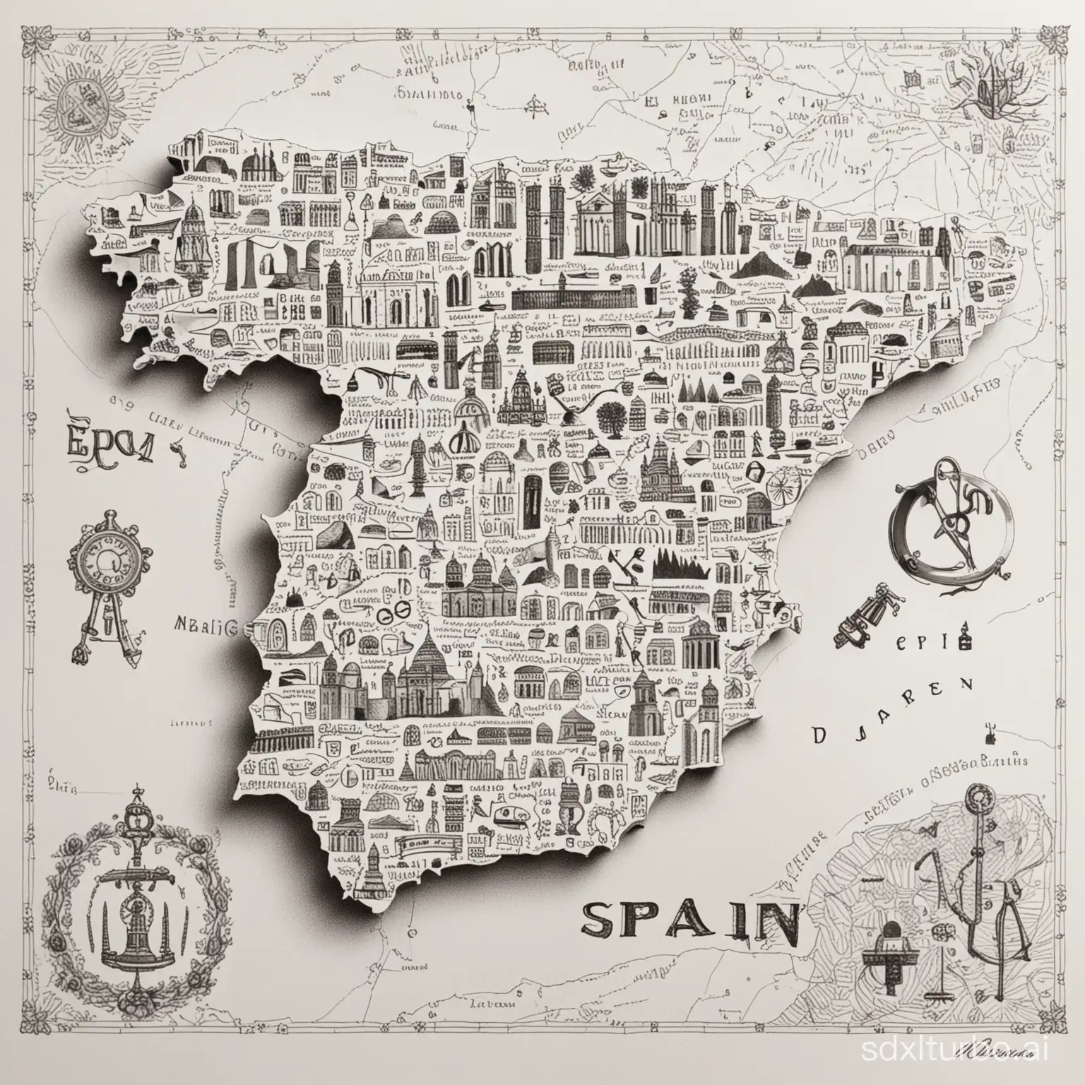 White-Map-of-Spain-with-Diverse-Key-Drawings