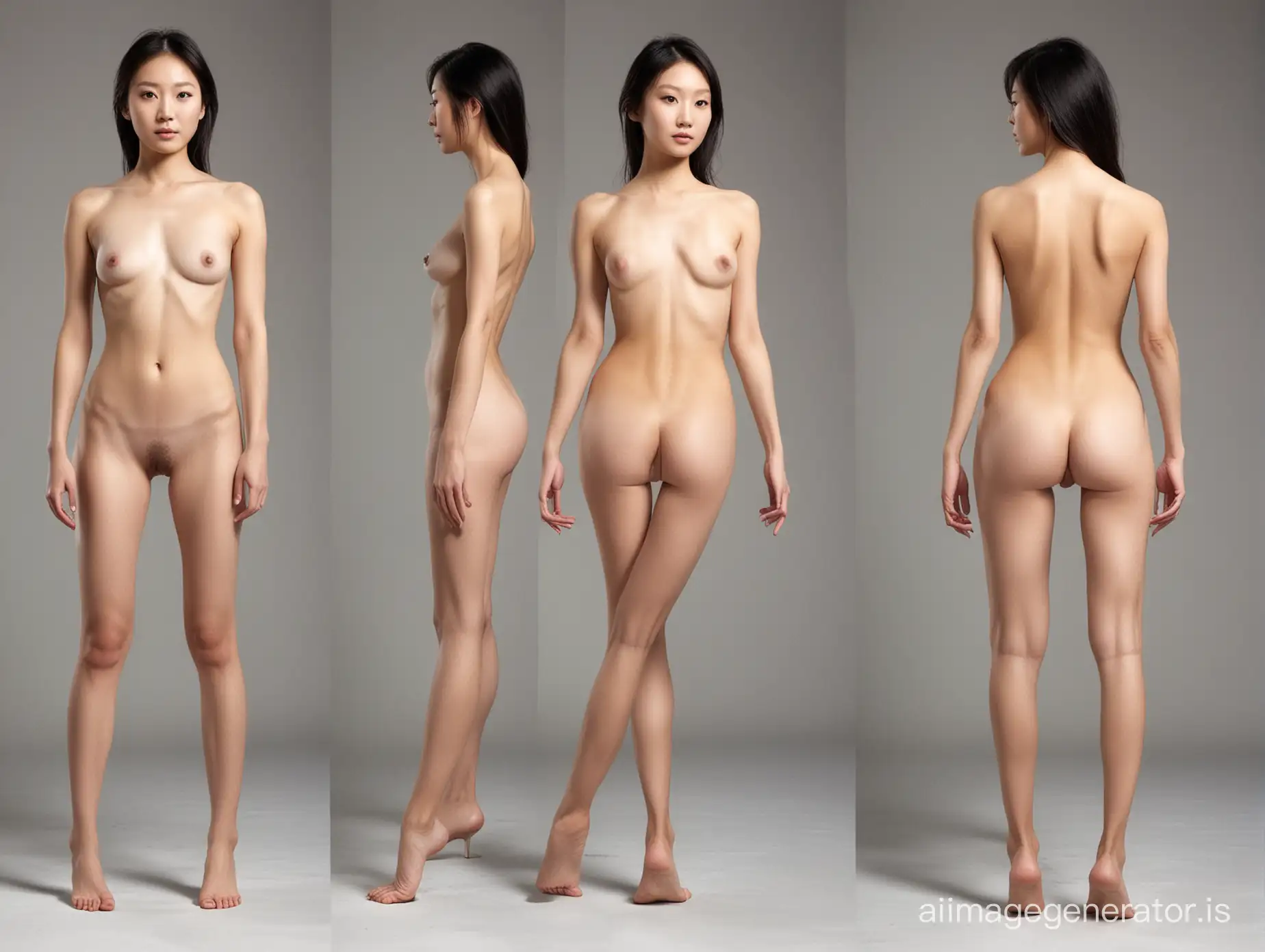 front and back views of a skinny nude chinese fashion model.