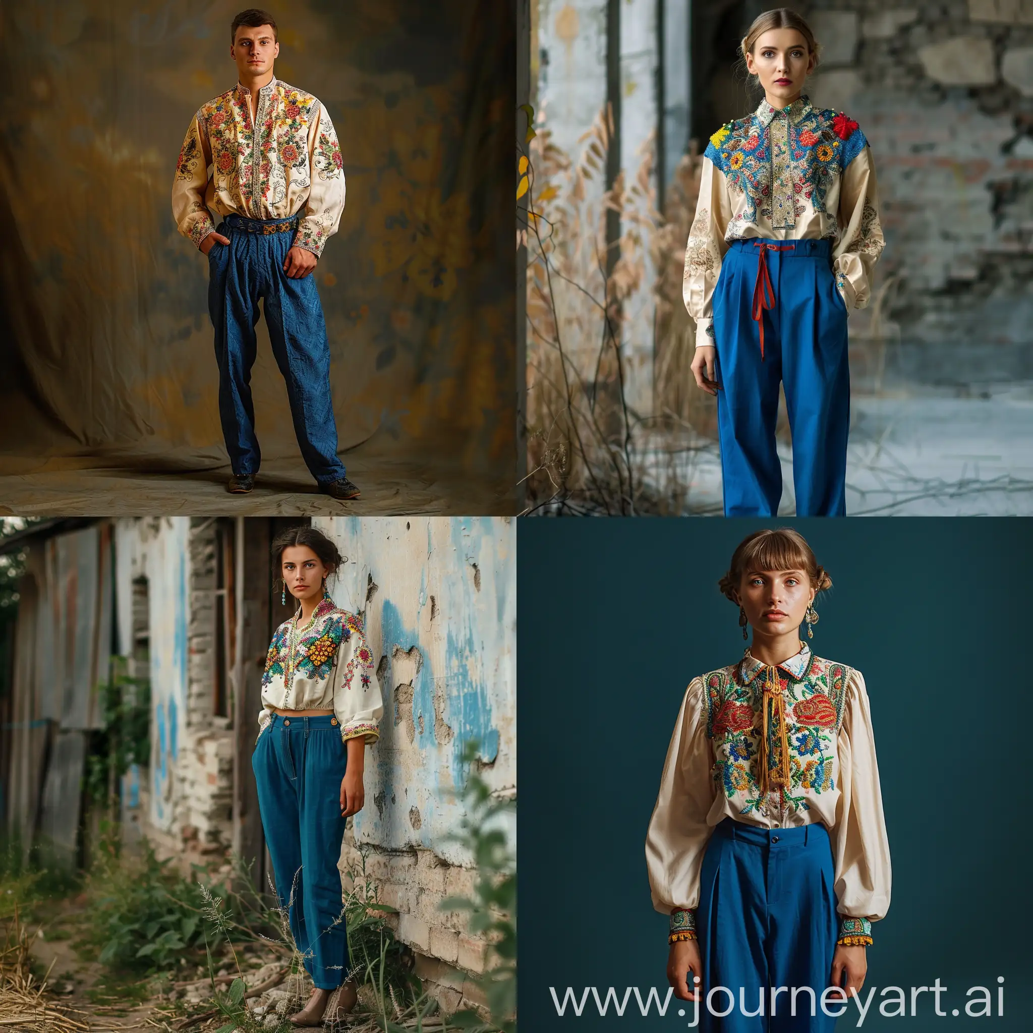 Ukrainian in embroidered shirt and blue trousers