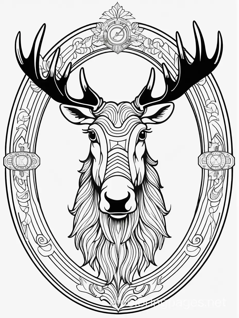 black and white, a ((minimalist tattoo style))  steampunk moose, bold black lines, Portrait View, looking straight ahead, Moose is smiling, Perfect composition golden ratio, masterpiece, best quality, 4k, sharp focus. Perfect anatomy, fully isolated inside of a white oval, Coloring Page, black and white, line art, white background, Simplicity, Ample White Space. The background of the coloring page is plain white to make it easy for young children to color within the lines. The outlines of all the subjects are easy to distinguish, making it simple for kids to color without too much difficulty