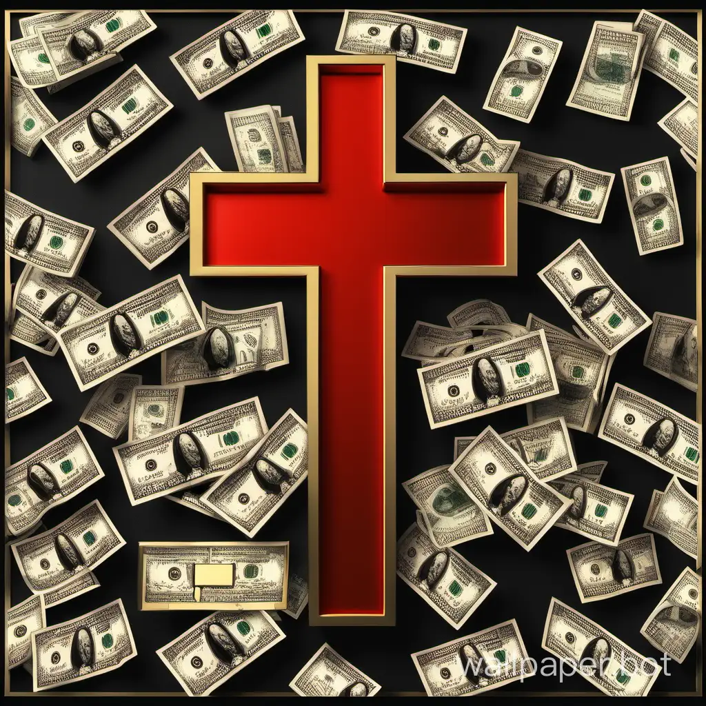 Black background with $ dollars gold signees located behind sign of square red one big cross