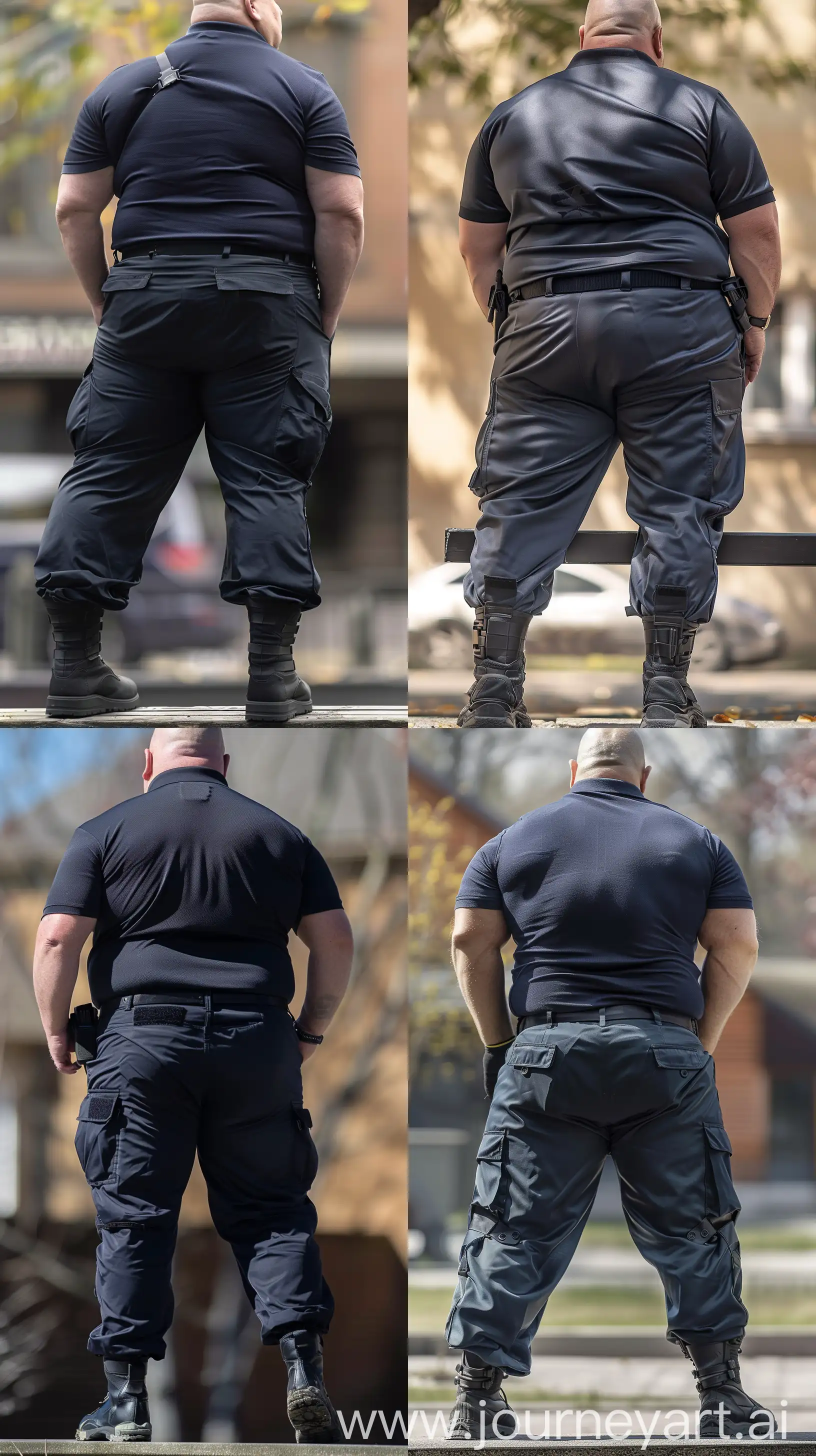 Close-up full body back view photo of a very fat man aged 60. The man is wearing silk navy battle pants tucked in black tactical boots. Tucked in silk navy sport polo shirt. Black tactical belt. Standing straight with one leg on a bench. Outside. Bald. Clean Shaven. Natural light. --ar 9:16