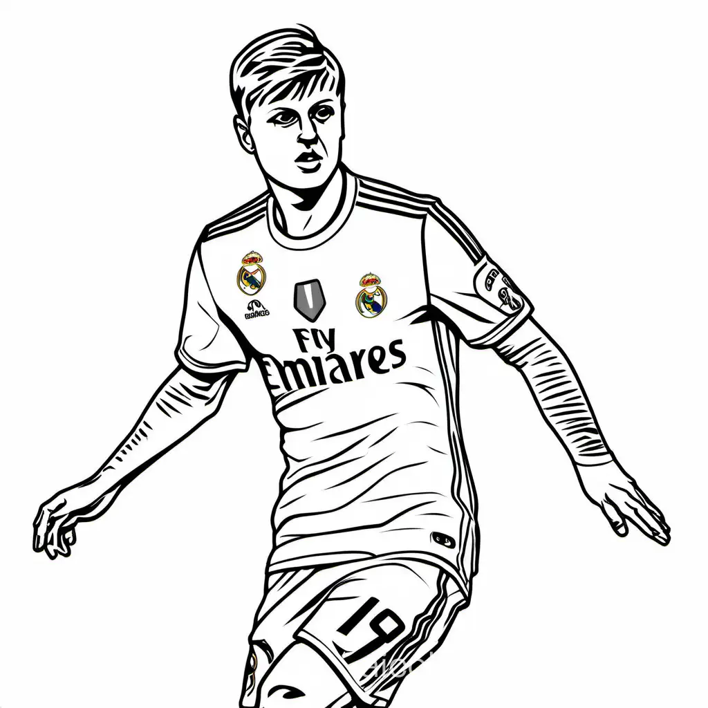 Toni kroos, football, Madrid, Coloring Page, black and white, line art, white background, Simplicity, Ample White Space. The background of the coloring page is plain white to make it easy for young children to color within the lines. The outlines of all the subjects are easy to distinguish, making it simple for kids to color without too much difficulty, Coloring Page, black and white, line art, white background, Simplicity, Ample White Space. The background of the coloring page is plain white to make it easy for young children to color within the lines. The outlines of all the subjects are easy to distinguish, making it simple for kids to color without too much difficulty