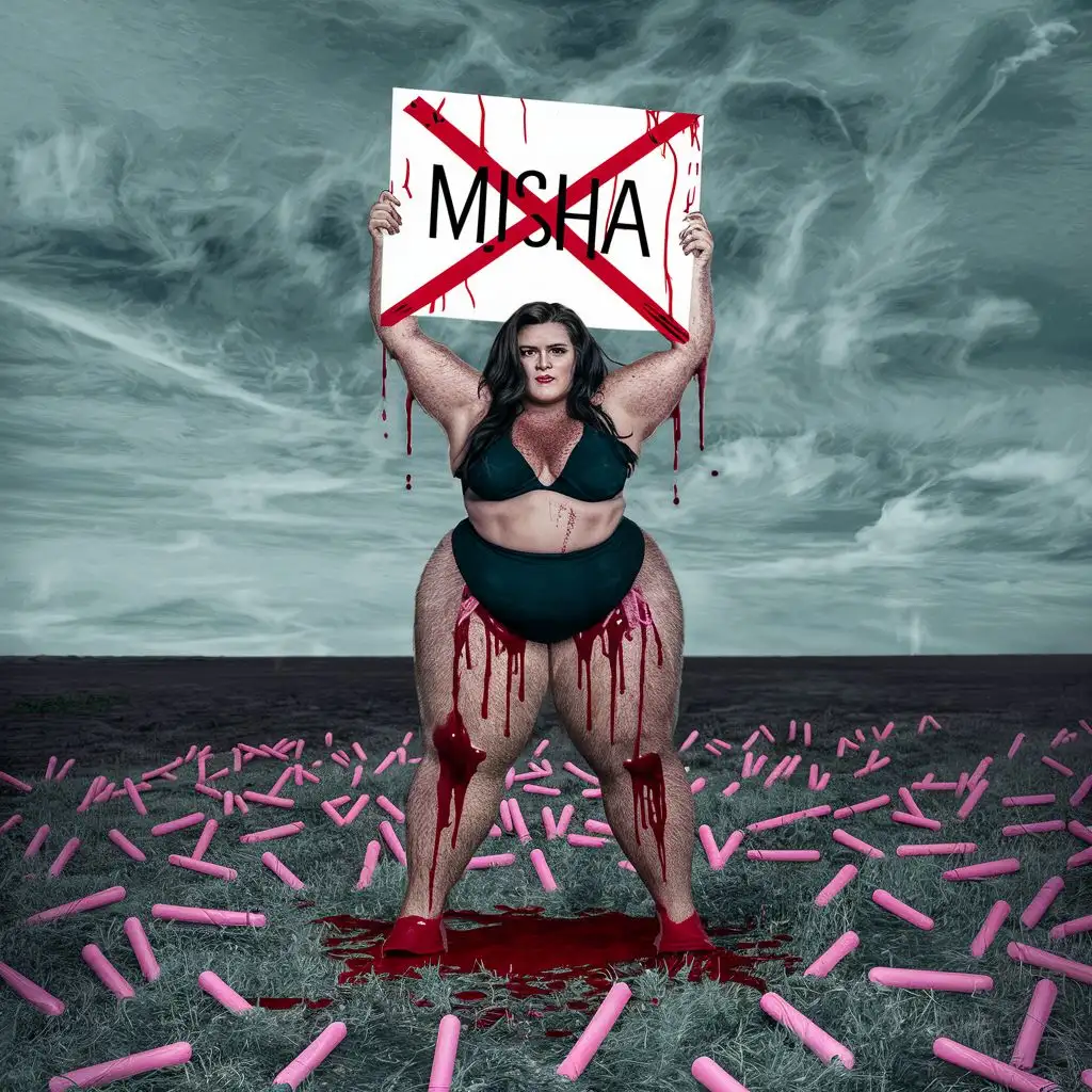 Огромная толстая женщина с усами стоит в поле с плакатом, на котором изображена надпись MISHA, перечеркнутая красным крестом, по ее волосатым ногам стекает кровь из влагалища, весь пол усыпан розовыми дилдо