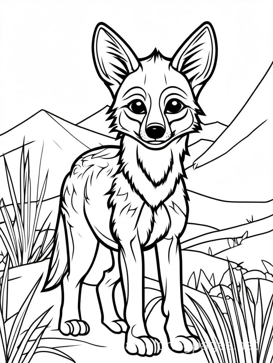 baby coyote, Coloring Page, black and white, line art, white background, Simplicity, Ample White Space. The background of the coloring page is plain white to make it easy for young children to color within the lines. The outlines of all the subjects are easy to distinguish, making it simple for kids to color without too much difficulty