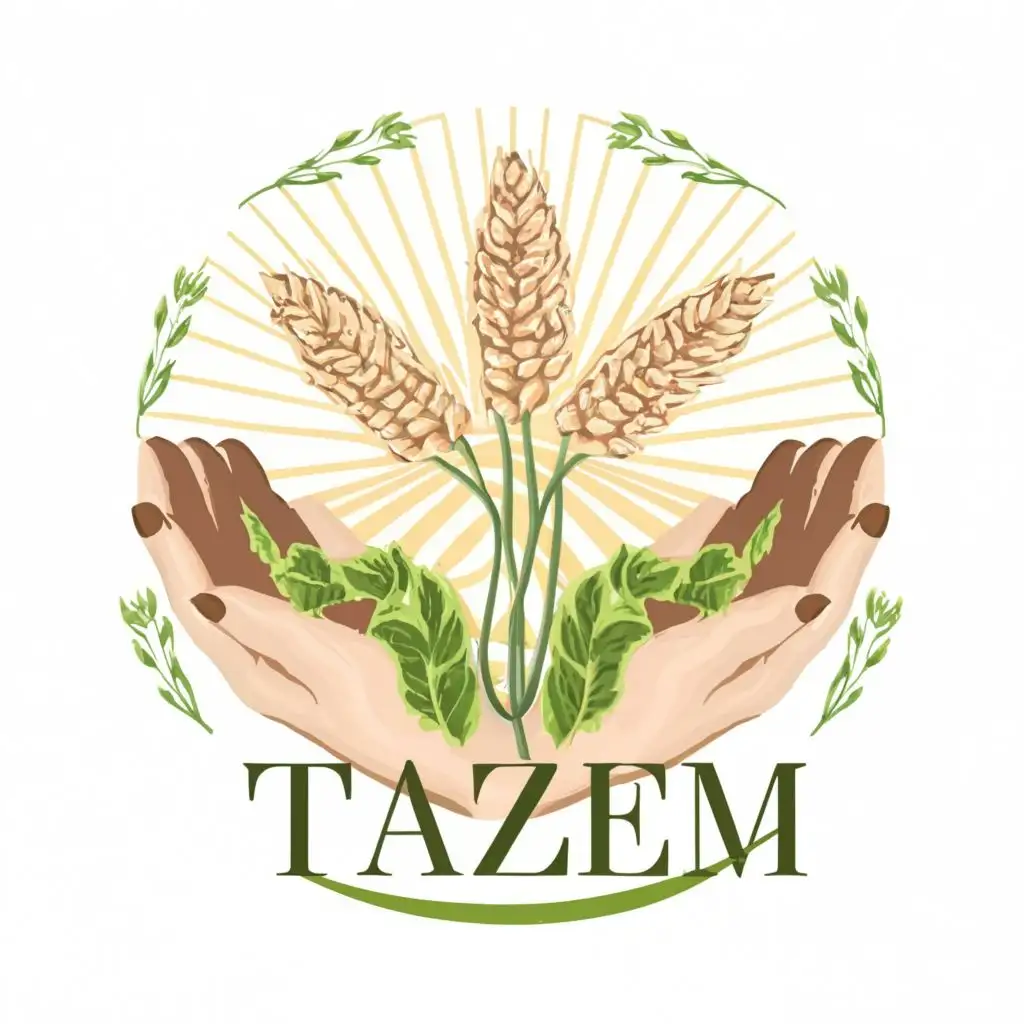 LOGO-Design-For-TAZEM-Elegant-Womans-Hand-Holding-Wheat-Bouquet-with-Fresh-Leaves-and-Landscape-Painting-Theme