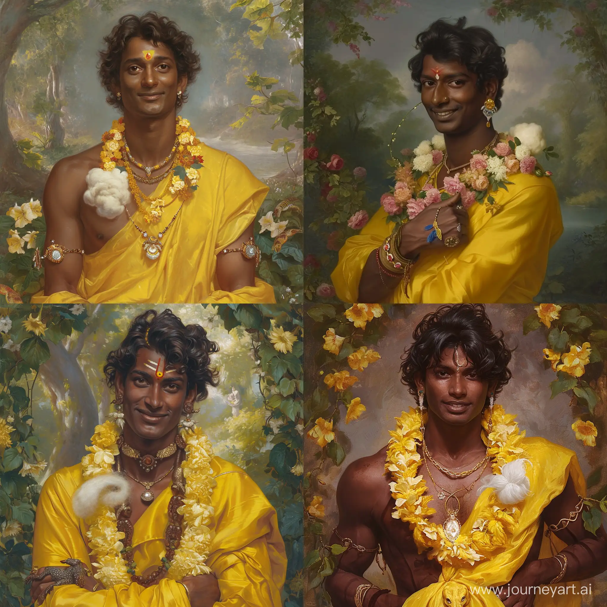an indian man who is darkbrown as a cloud, clad in yellow silk, bearing a white curl of hair on his breast, irradiated with a most brilliant gem, endowed with four arms, splendid with a garland of sylvan flowers, wearing a lovely and cheerful countenance, and adorned with a pair of shining alligator-shaped ear-rings, enlivened with a loving smile and endearing glances, possessed of a charming youth