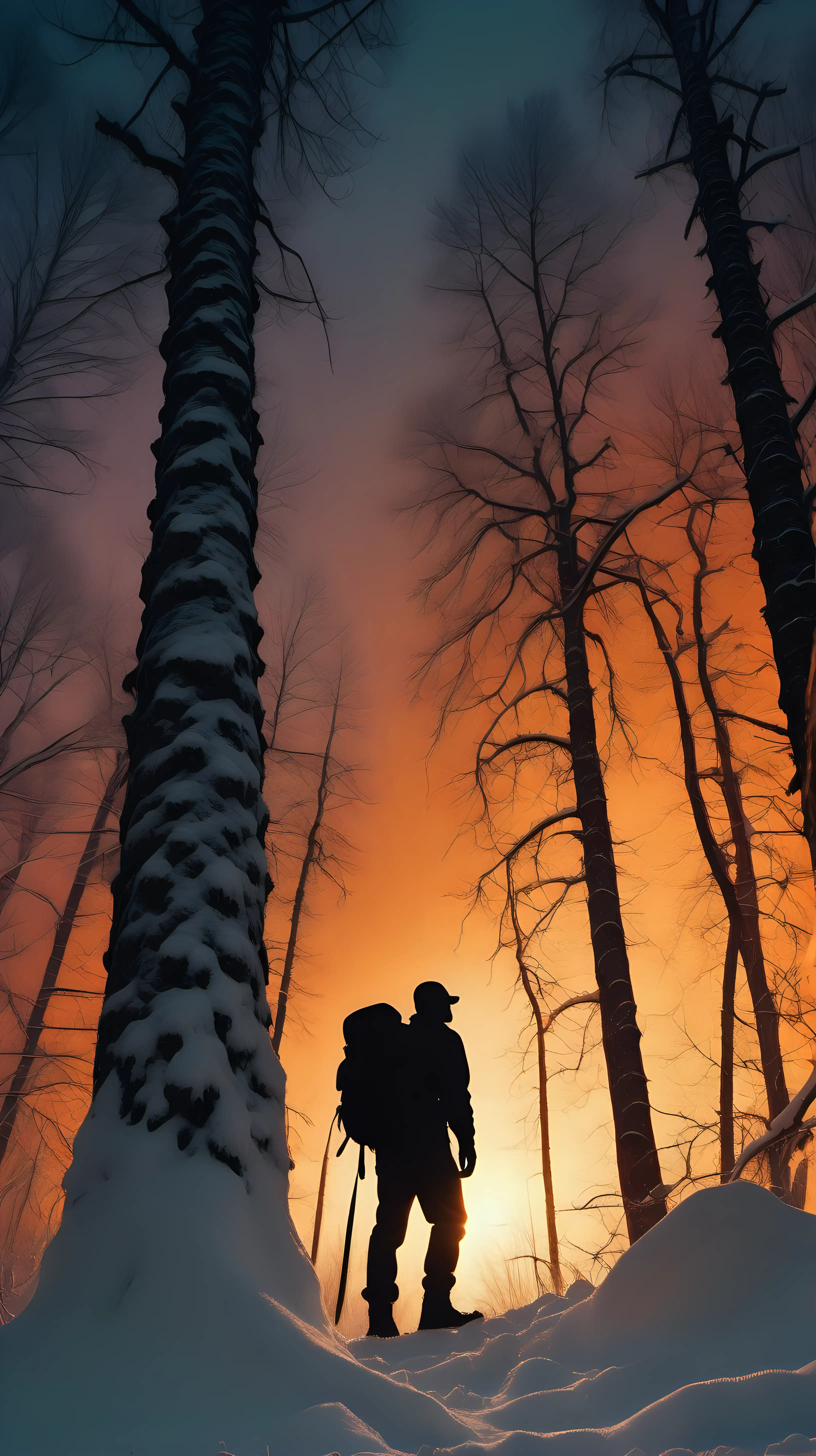 snowy forest, trees all over, silhouette of bald guy with cap and backpack is leaning against a tree, looking away from camera, orange sunset, 1080p resolution, ultra 4K, high definition, volumetric lightning