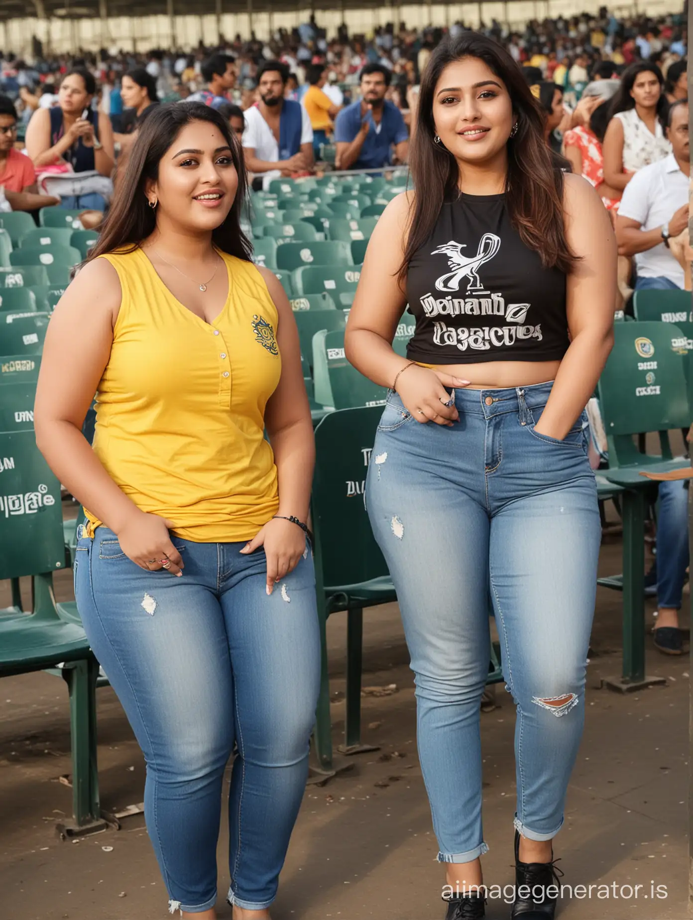 Indian-Plus-Size-Women-in-Sleeveless-Tops-and-Jeans-Enjoying-IPL-Cricket-at-Stadium
