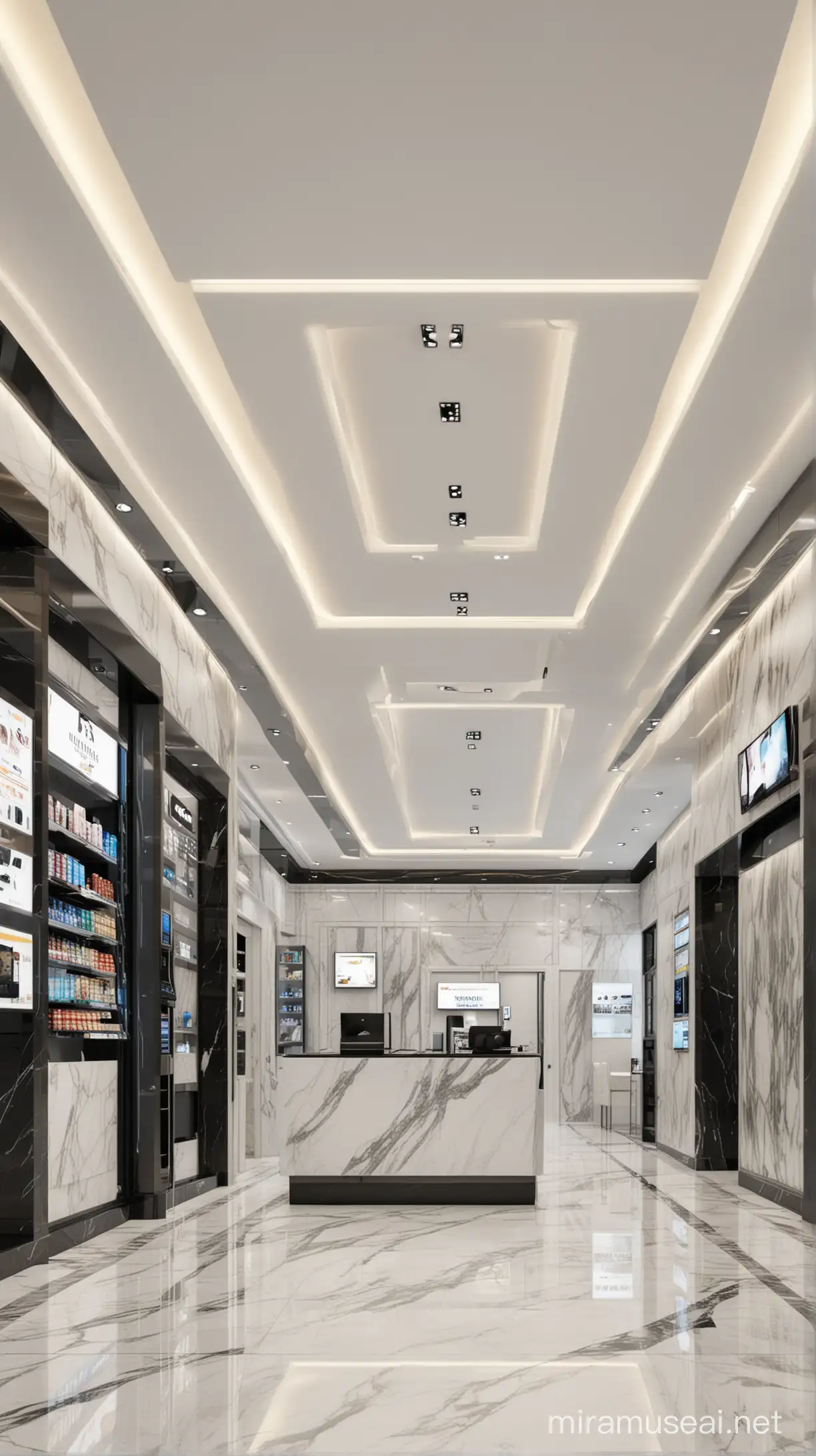 money transfer, ultra modern design for shop, including cellphone area, money transfer reception, floor marble , white and black, ceiling ,3d,elevation,the view will be by larger