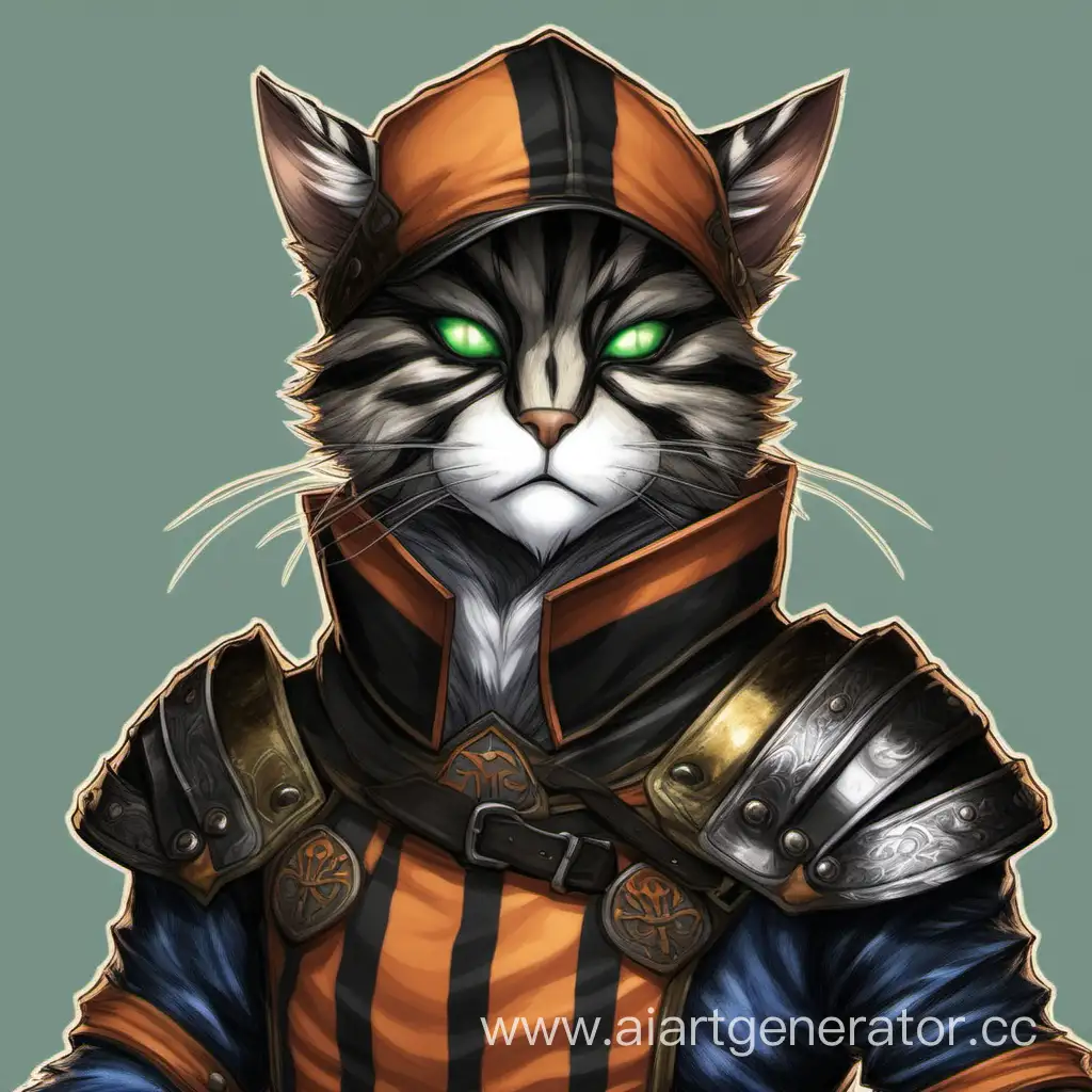 tabaxi, черная шерсть с оранжевыми полосами, в фуражке, кожаная броня, правый зеленый глаз, левый синий глаз
