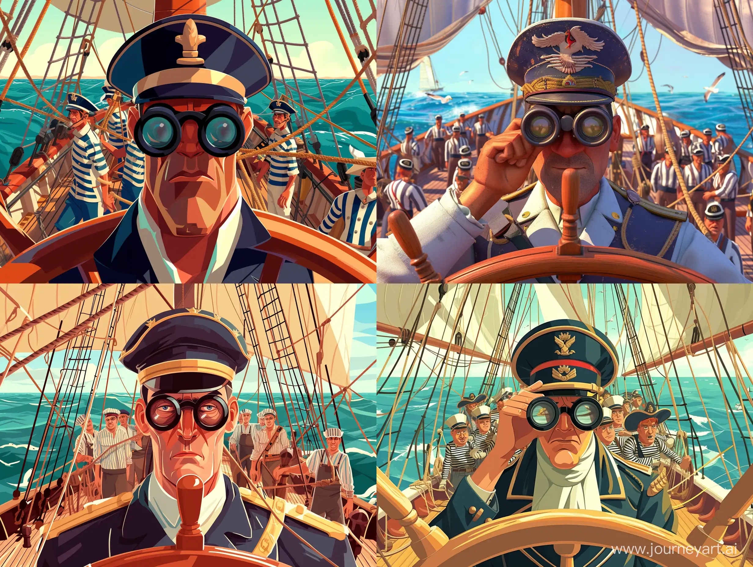 cartoon pixar style of a "Portrait of a captain against the background of a sailing ship. The captain in a uniform cap and uniform stands at the helm and looks through binoculars directly at us. His face is tanned from the sea wind. Behind him we can see the crew in striped striped shirts and caps, busy working with sails and rigging. The open sea stretches around, seagulls and the distant horizon are visible. Use the 'morning sun' effect and a dynamic camera angle."