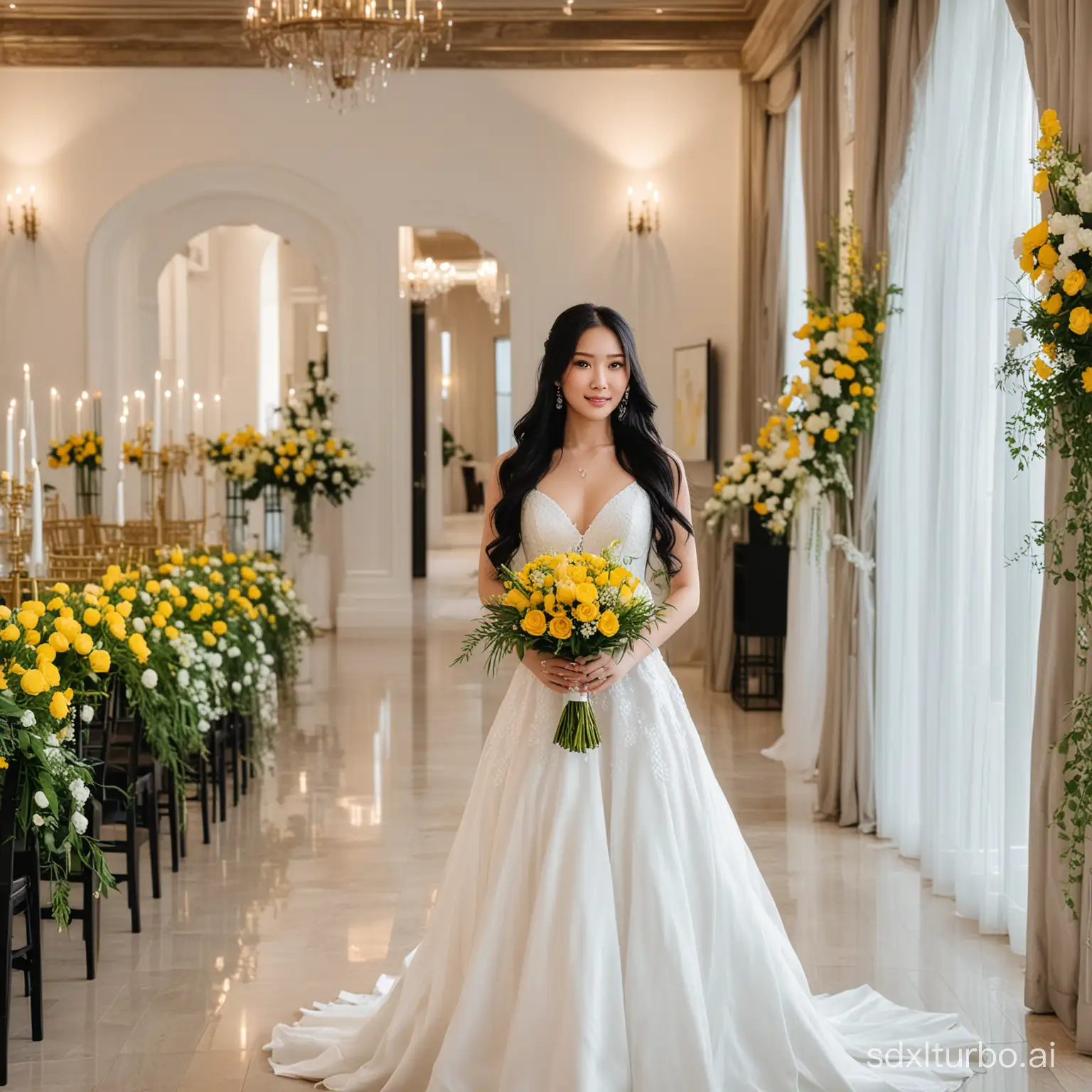 A beautiful Asian girl with yellow skin, raven black long hair, wearing a white wedding dress, holding a bouquet of flowers, enters the wedding hall.