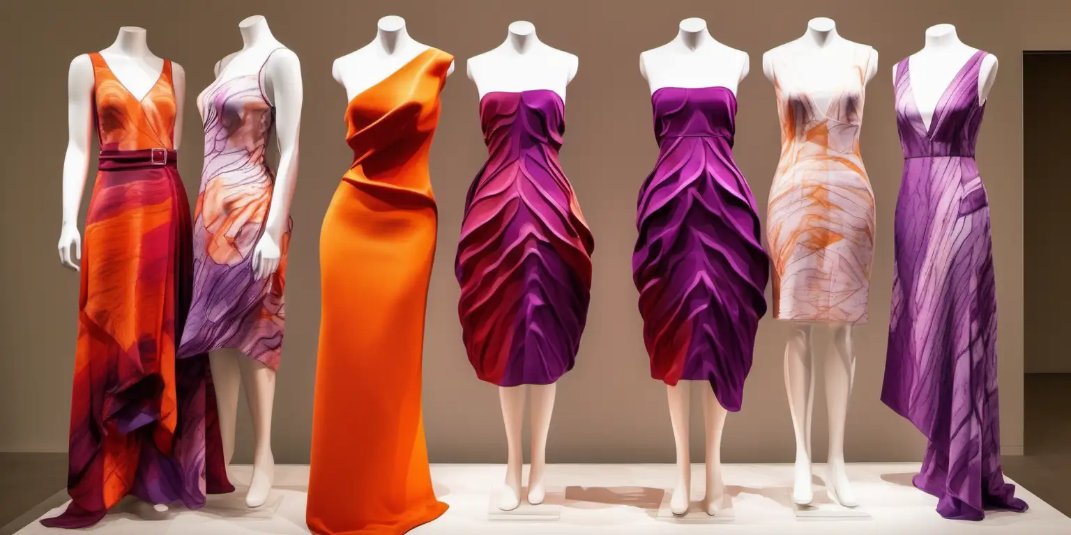 red and orange and purple abstract style dresses in a display