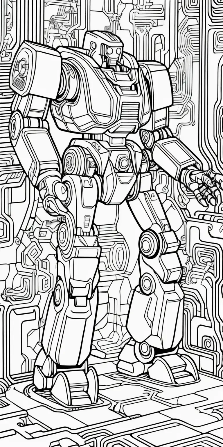 A mech solving puzzles in a high-tech labyrinth, coloring book page, thick clear lines, no shading, low detail
