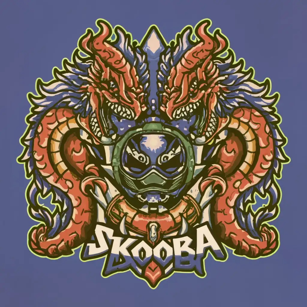 LOGO-Design-For-Skooba-Mystical-Green-Royal-Purple-with-Dragon-Scuba-Mask-Ouroboros-Wolf-and-Giant-Axe-Emblem