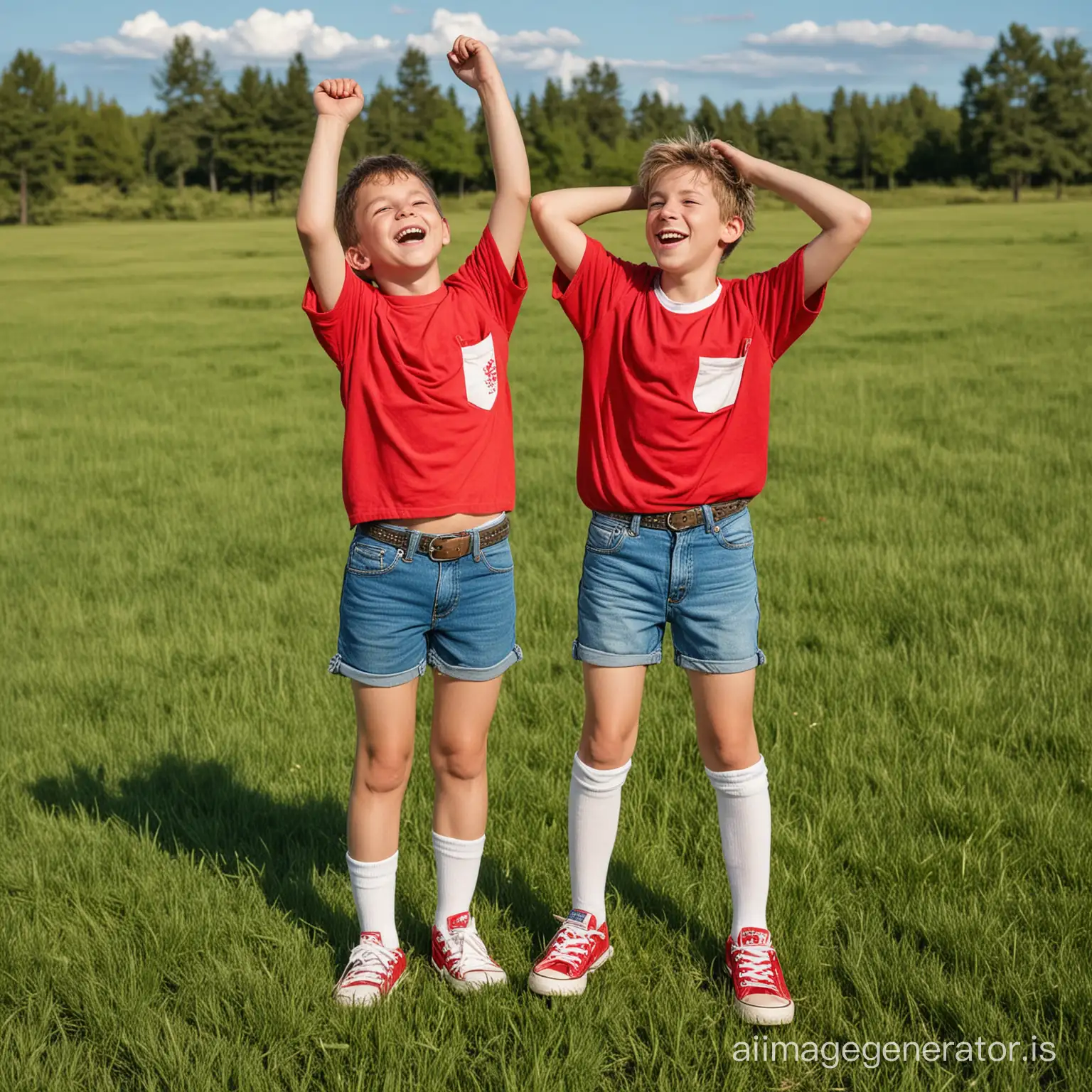 Two 13-year-old boys with disheveled hair, in a red shirt, very short denim shorts with a belt, white knee-high socks, red sneakers are standing on green grass, hands raised above their heads, smiling, the sky is blue without clouds, and a full-length photo of a boy, photo