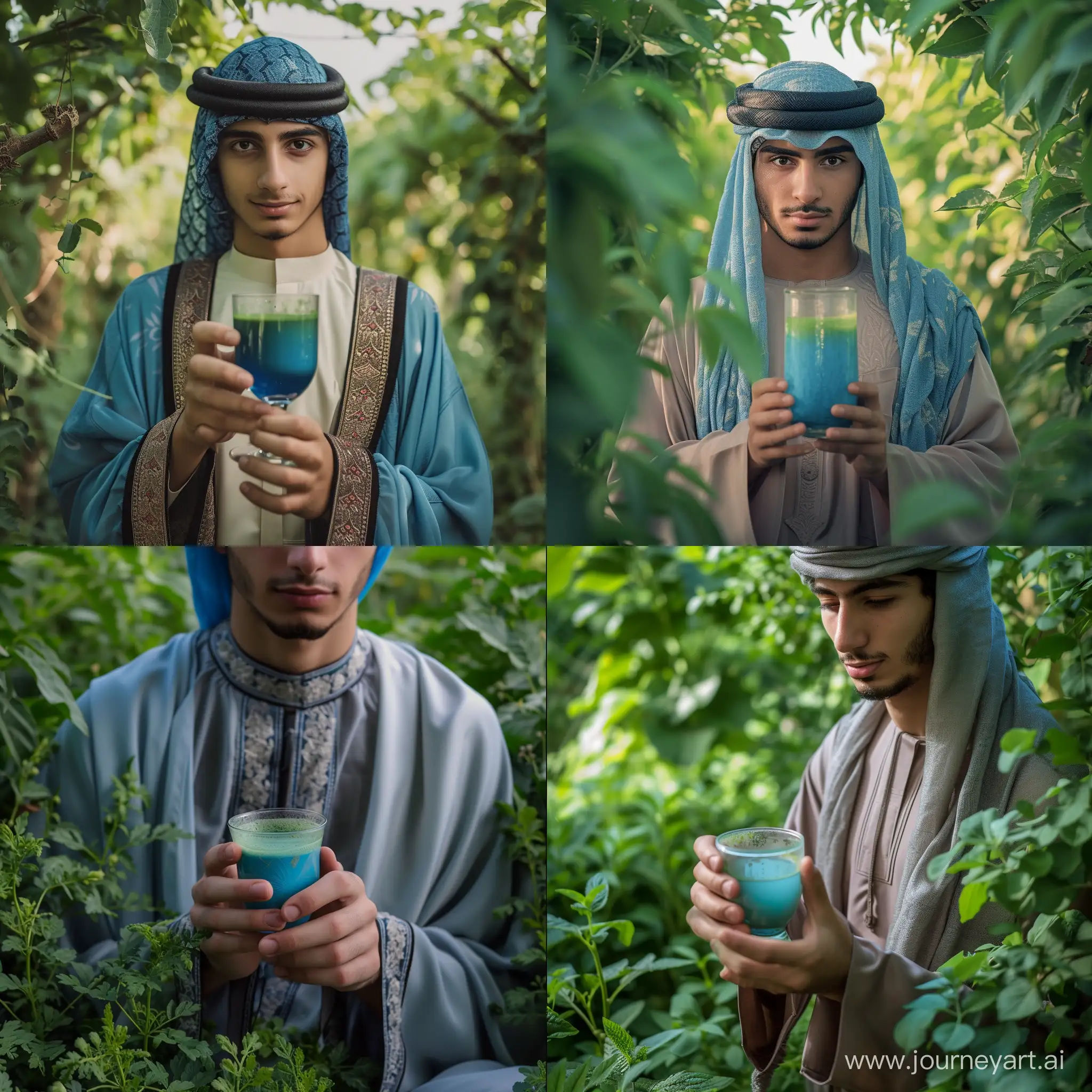 Real and natural photo of young man in Arabic dress holding a glass of blue matcha tea. The glass of matcha tea should be clear. The space around him is a green garden. Full details of matcha tea cup and man's face, clothes and hands.