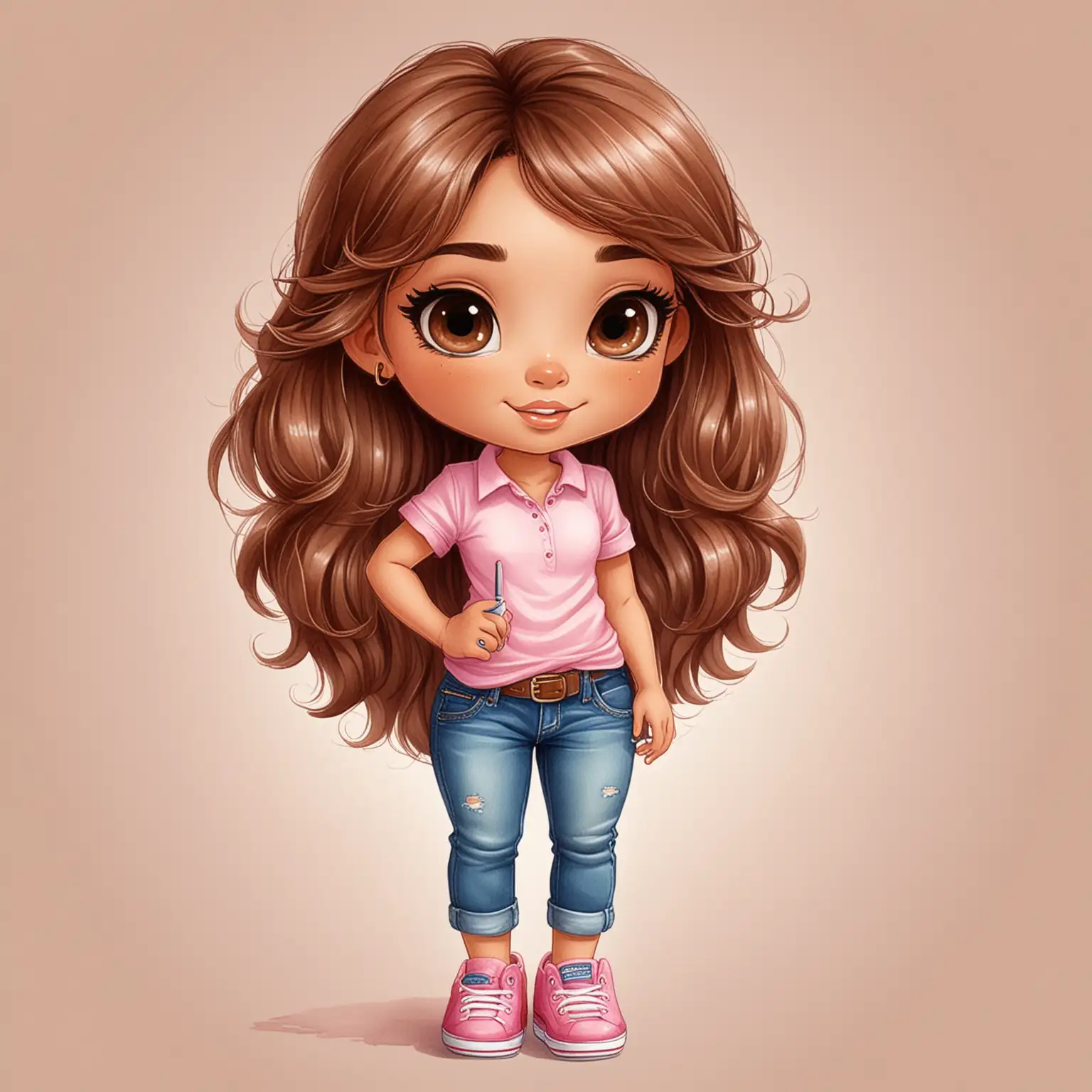 Create a watercolor illustration of a chibi cartoon tan skin latina girl. She is wearing a pink shirt, blue jeans and pink shoes holding a pen and a cup in her hand. Brown eyes. Extremely highly detailed dark brown long wavy hair. White background