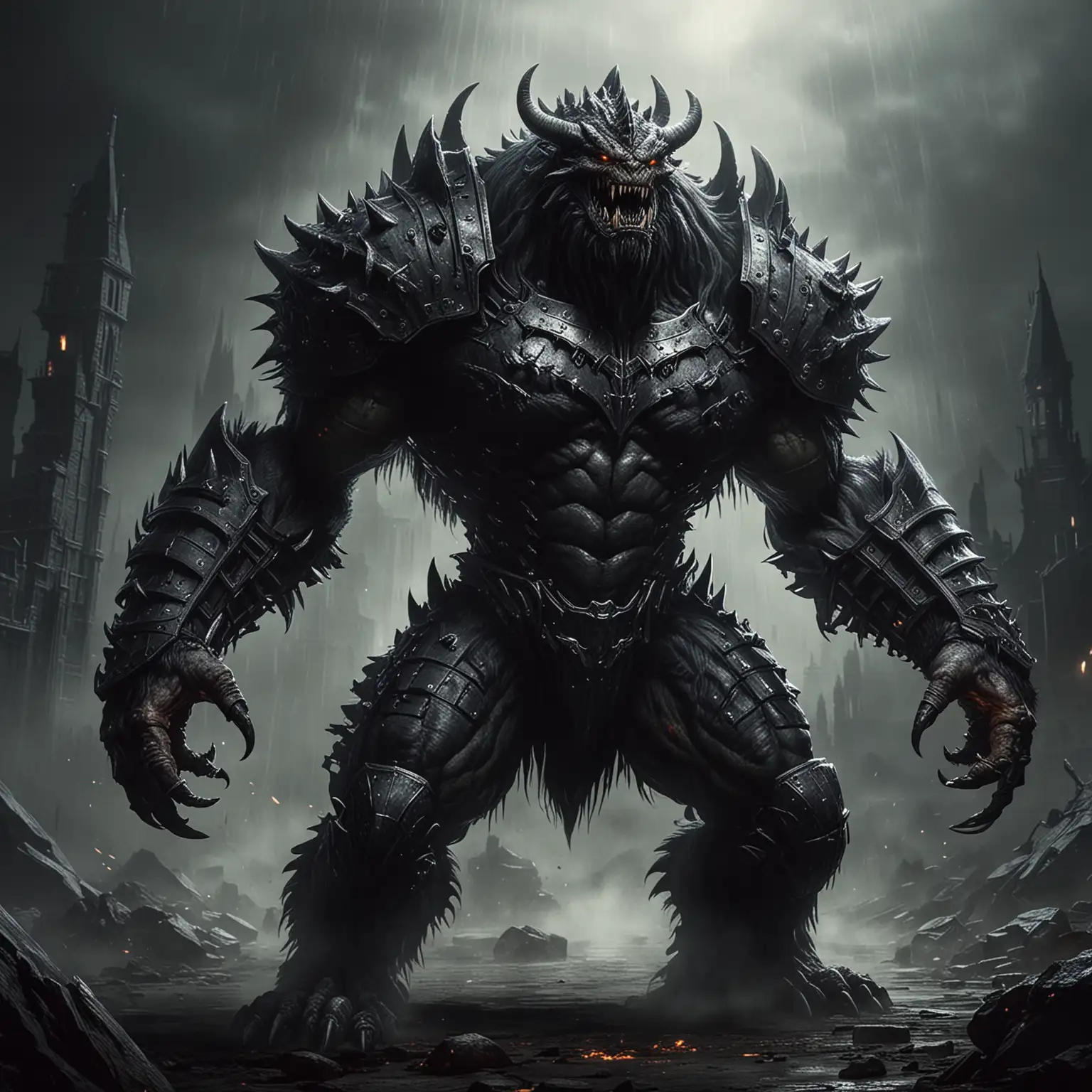 Giant Armored Monster Emerging from Darkness