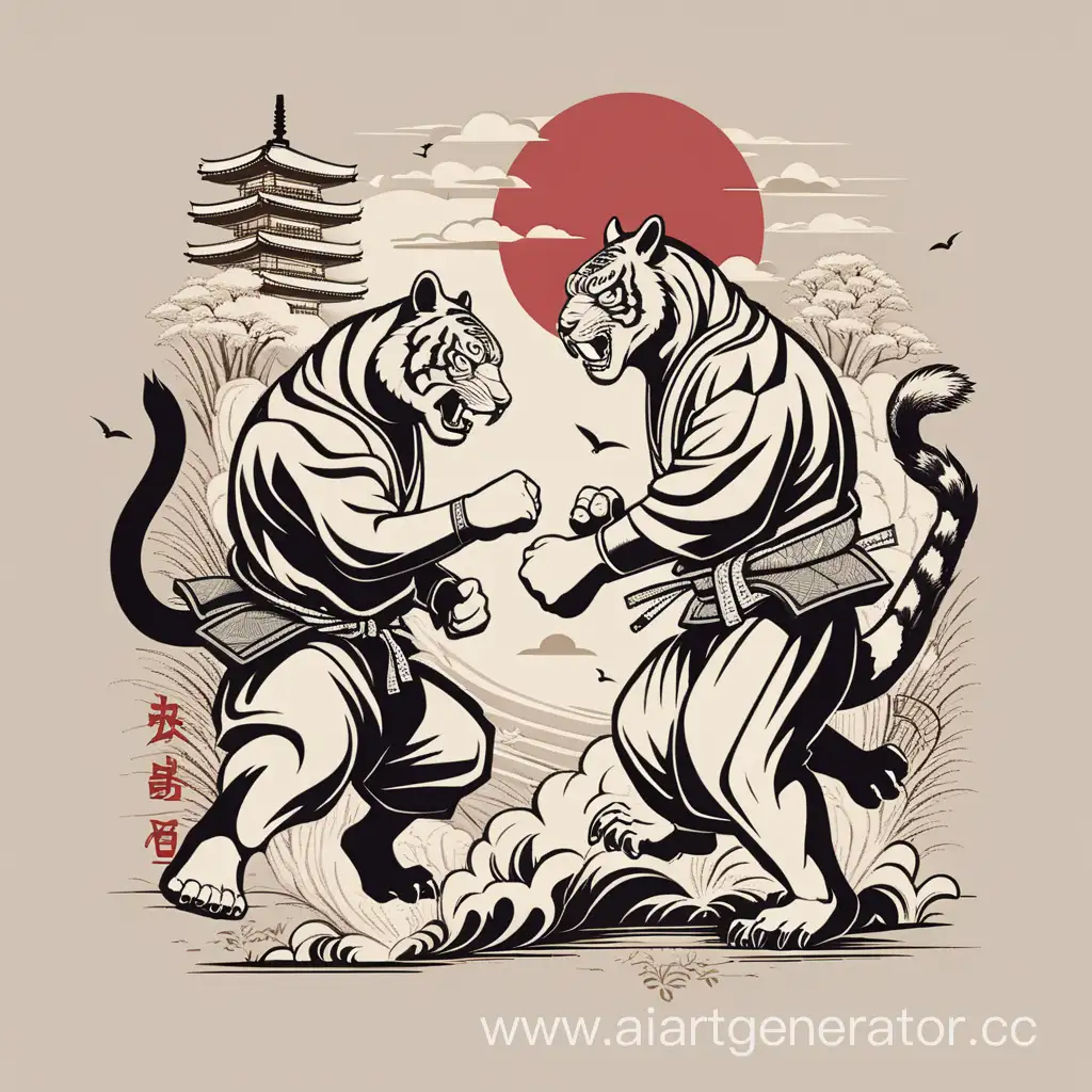 Vector t-shirt design fighting style japonais with 2 animal sevage