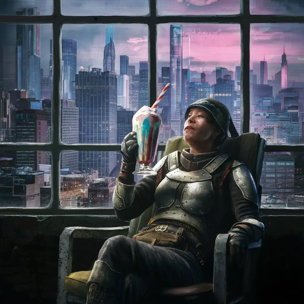 city scape scene through a window, while a warrior takes a break and has a milkshake