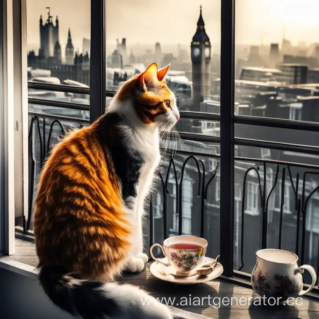 красивая трехцветная кошка пьет чай на балконе с видом на Лондон