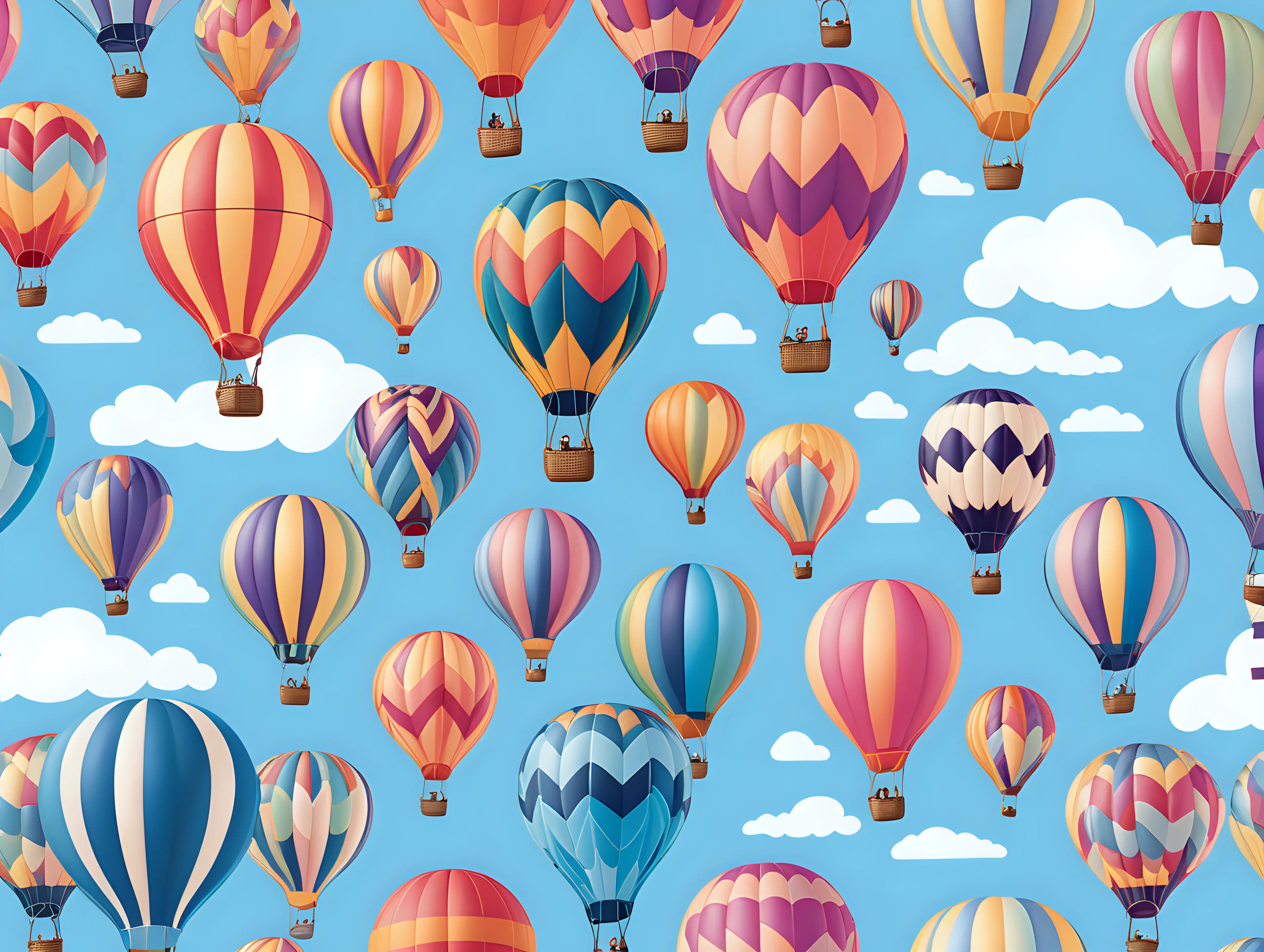 Generate an illustration of a vibrant hot air balloon festival with each balloon showcasing distinct colors and patterns against a clear blue sky. use pastel themed colors. Ensure clear lines to easily differentiate and assemble the pieces.