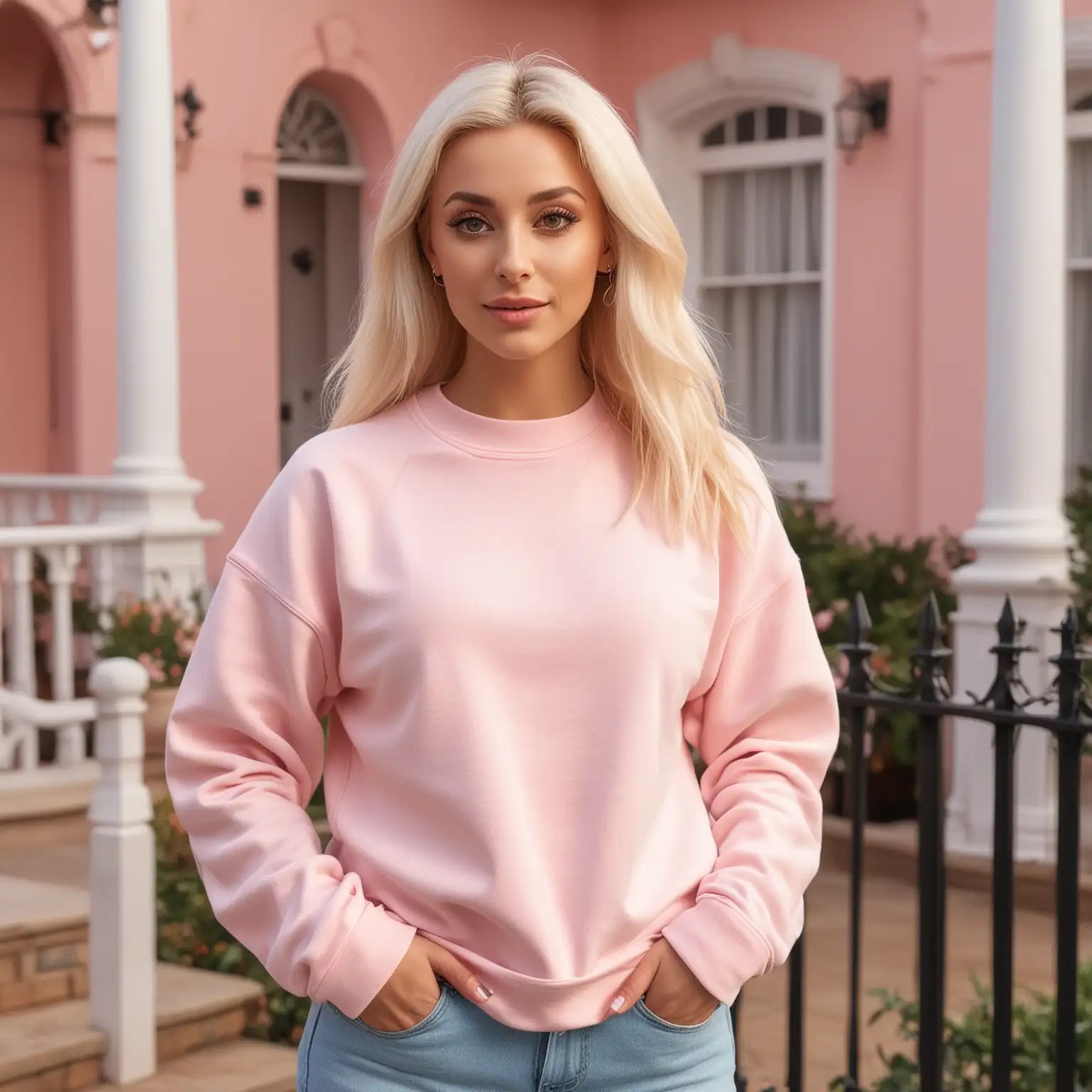 a mockup for a pale pink sweatshirt.  the model should be a female resembling cher from clueless with blonder hair.  the background of  the photo should resemble cher's mansion