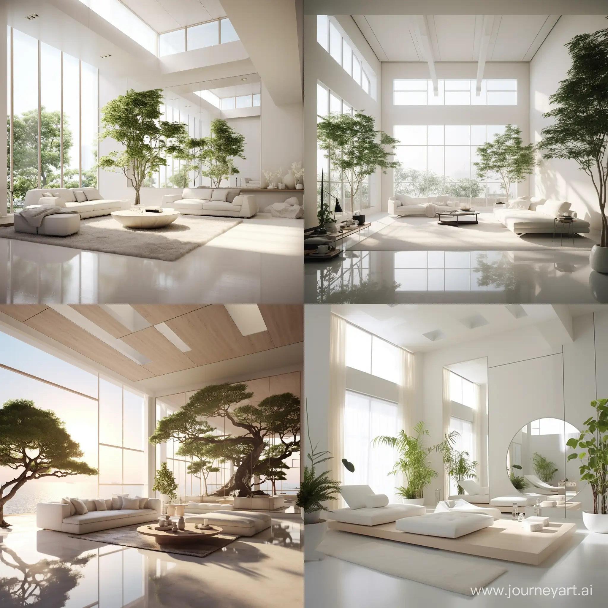 белая комната в стиле японский минимализм с высокими потолками огромными окнами вдоль всех стен. Вдоль окон стоят мягкие шезлонги и растет очень много высоких растений из пола, а на потолке отражение воды