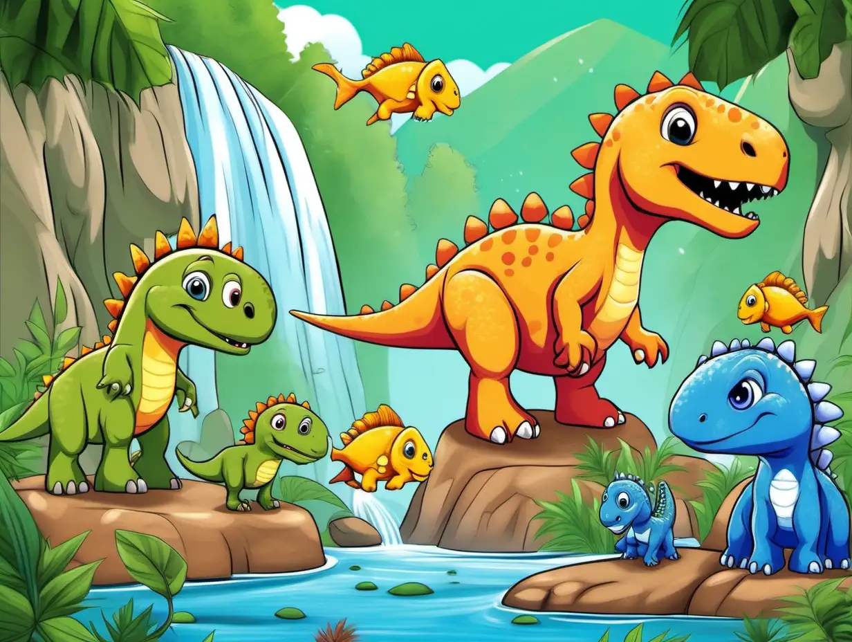 Dinosaur Friends Enjoying Waterfall Adventure with Little Dani