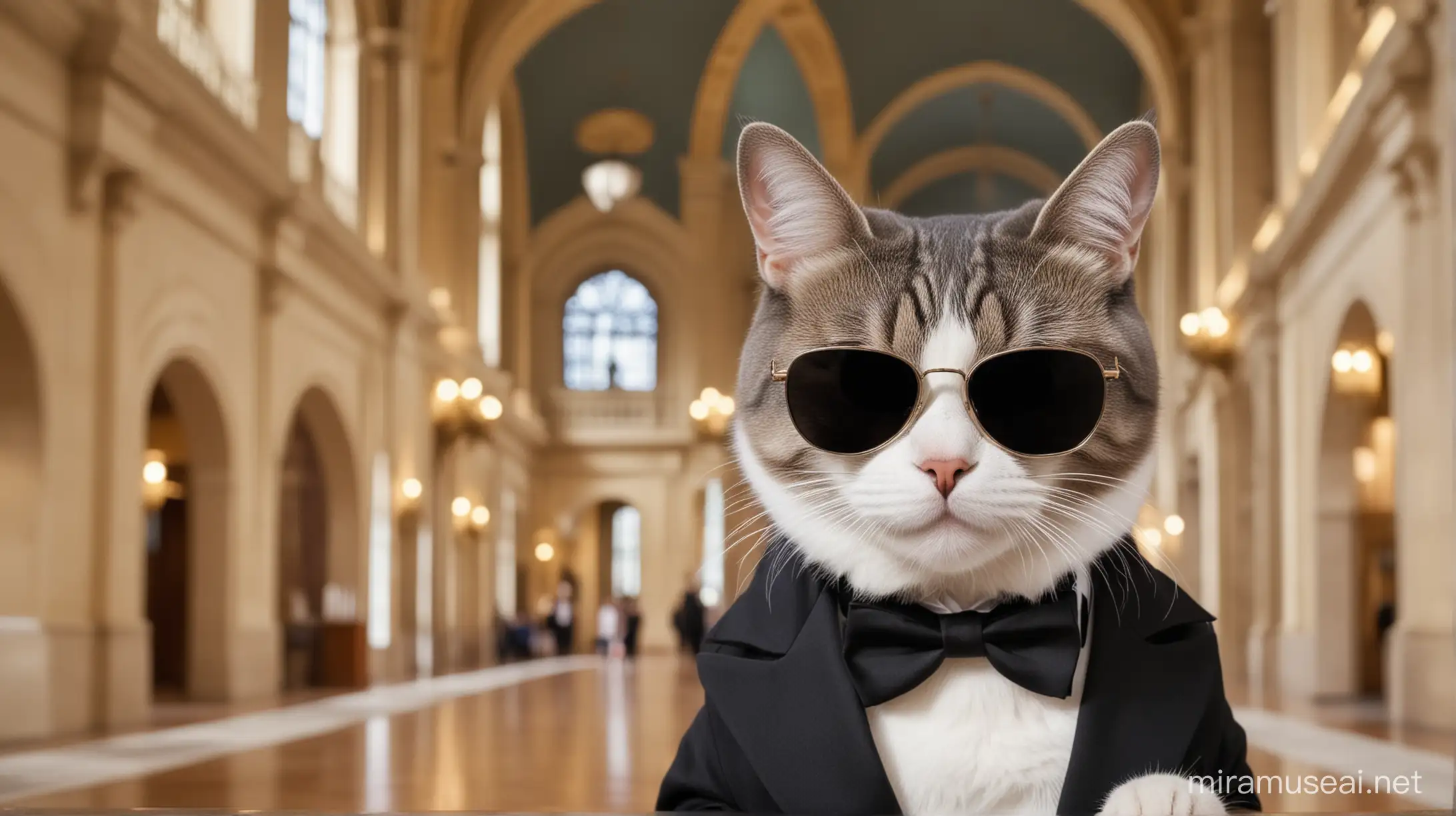 Elegant Feline in Tuxedo and Shades Posing in a Majestic Hall
