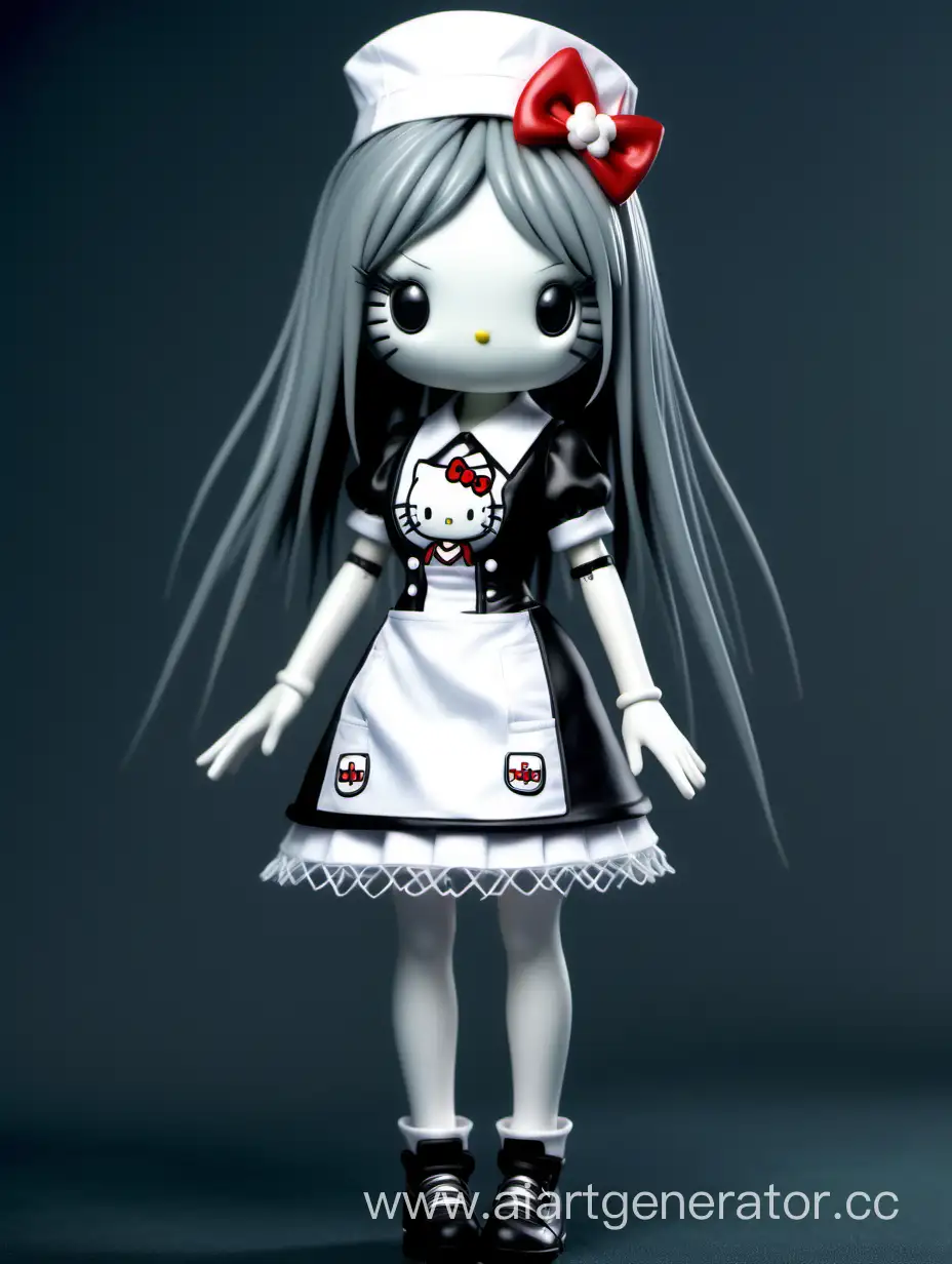 thin humanoid Hello Kitty with long legs, hair and eyelashes in gothic detailed nurse outfit