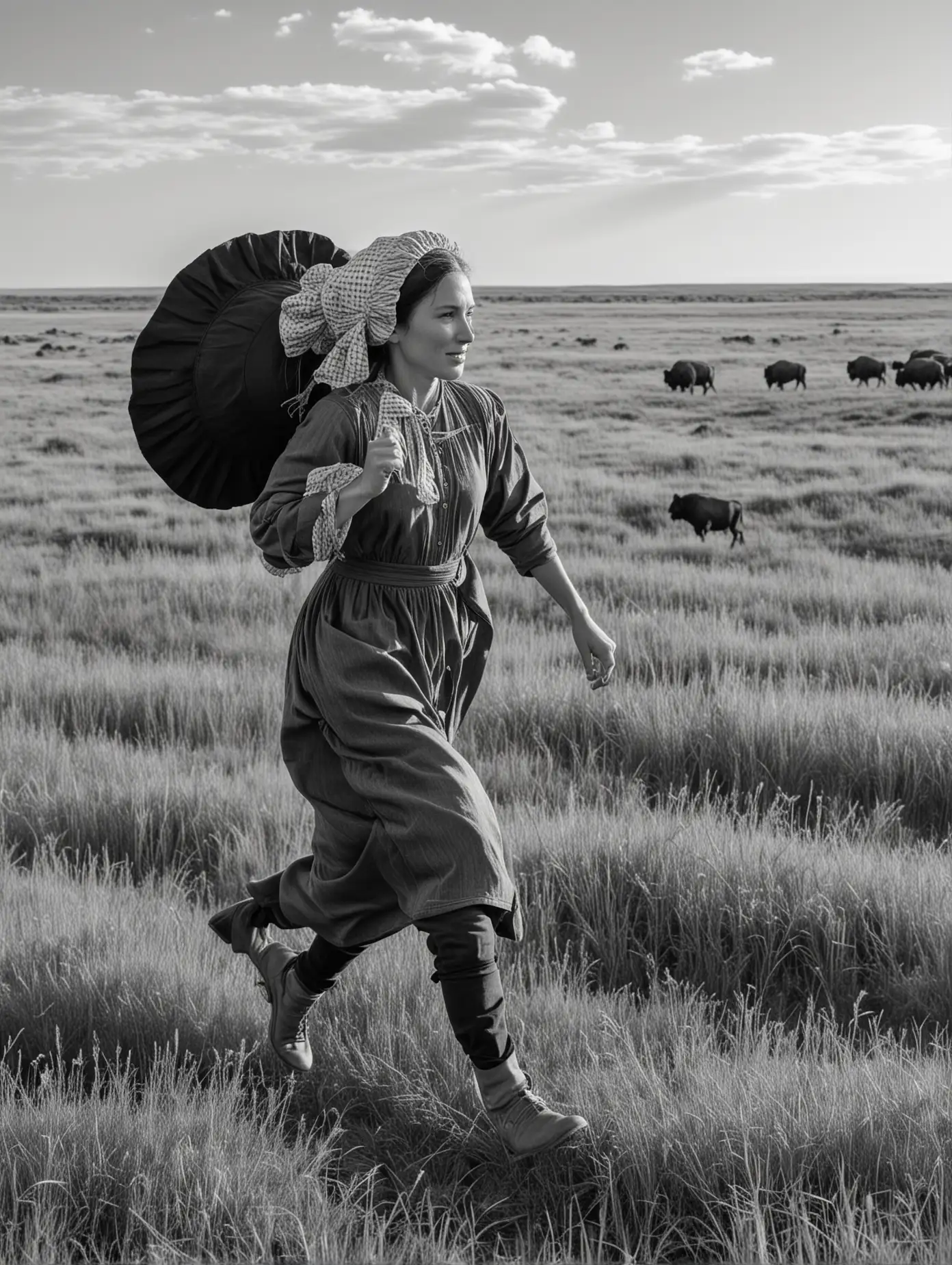 A woman runs through the prairie. She is a pioneer and wears a bonnet. There are buffalo in the background. She is seen from the side. In black and white. 