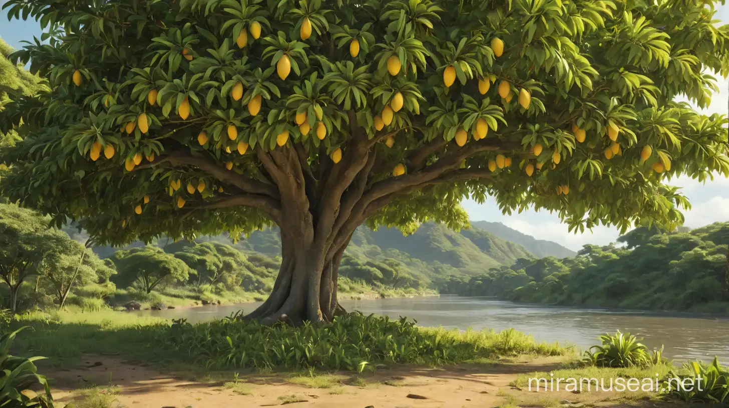 Hyper Realistic 3D Scene Mango Tree Laden with Ripe Yellow Mangoes by the Riverbank