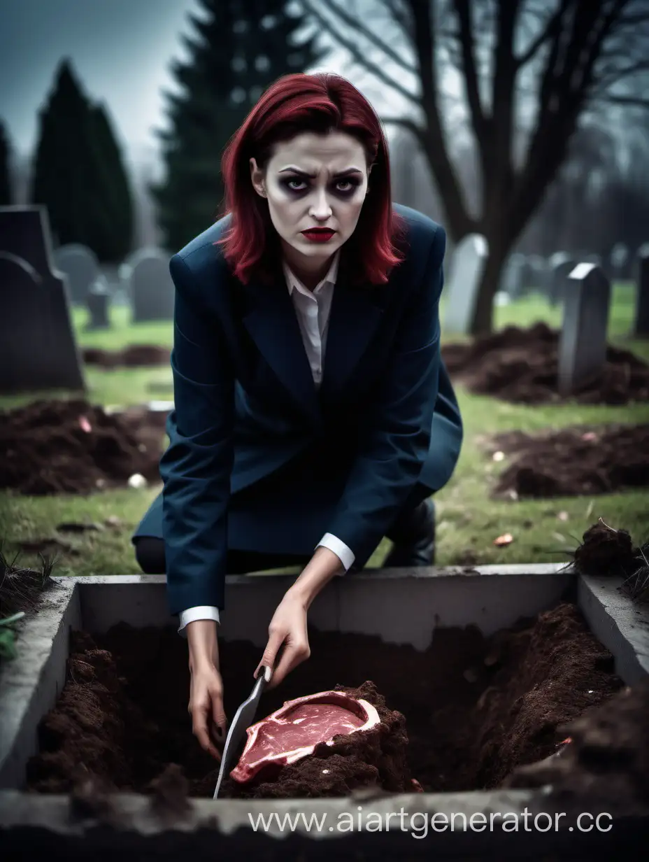 Сцена, где женщина не очень красивая с таинственным  ухмылкой лица копает яму в могиле  и закапывает пакет с мясом. мрачный сюжет сумеречный день 
