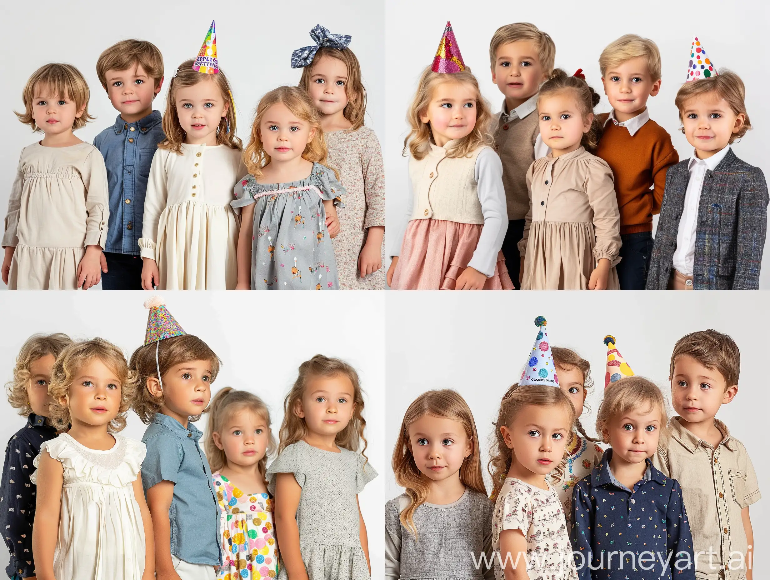 image featuring 5  European well-dressed, light-haired children 6-7 years old, one wearing birthday hat,  The children should be positioned in a way that they are all visible and appear to be enjoying the celebration in Wednesday movie style, the children should be arranged in line, The scene should be lively and joyful, capturing the essence of a birthday party, clear white background, sharp focus, depth of field, 8k photo, HDR, professional lighting, taken with Canon EOS R5, 75mm lens
