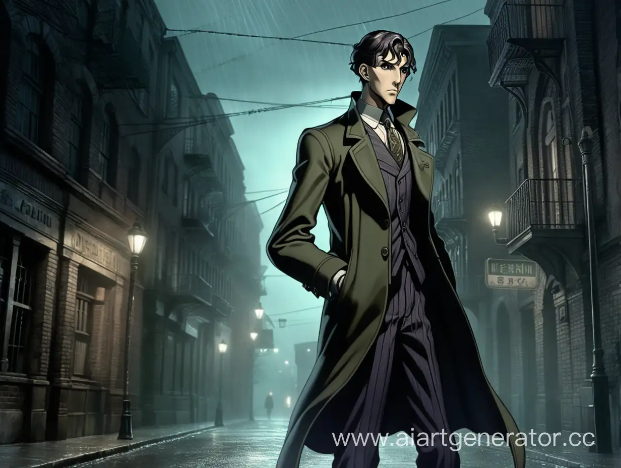 аниме,зов ктулху, детектив, молодой парень, симпатичный, сошел с ума, в полный рост, стоит на фоне пустой улице в Аркхэме в 1920году, дождь.