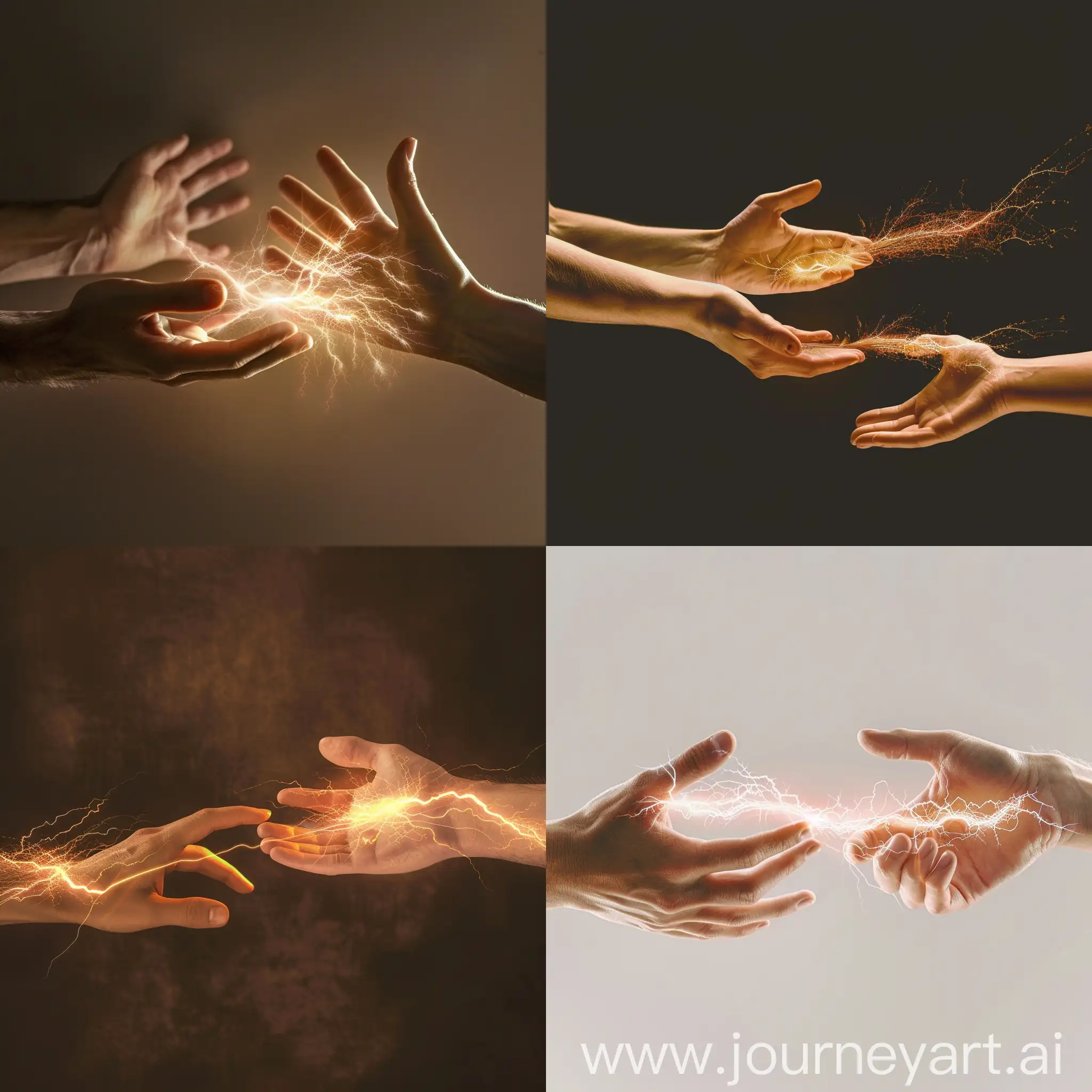 two hands reaching to greet each other with a pulse of energy flowing through them toward each other