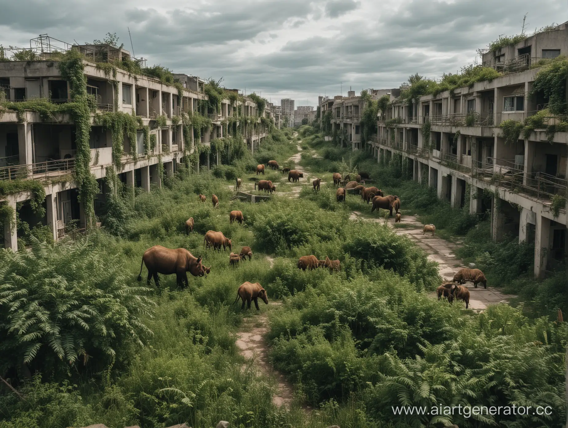 An abandoned city covered with plants where wild animals walk