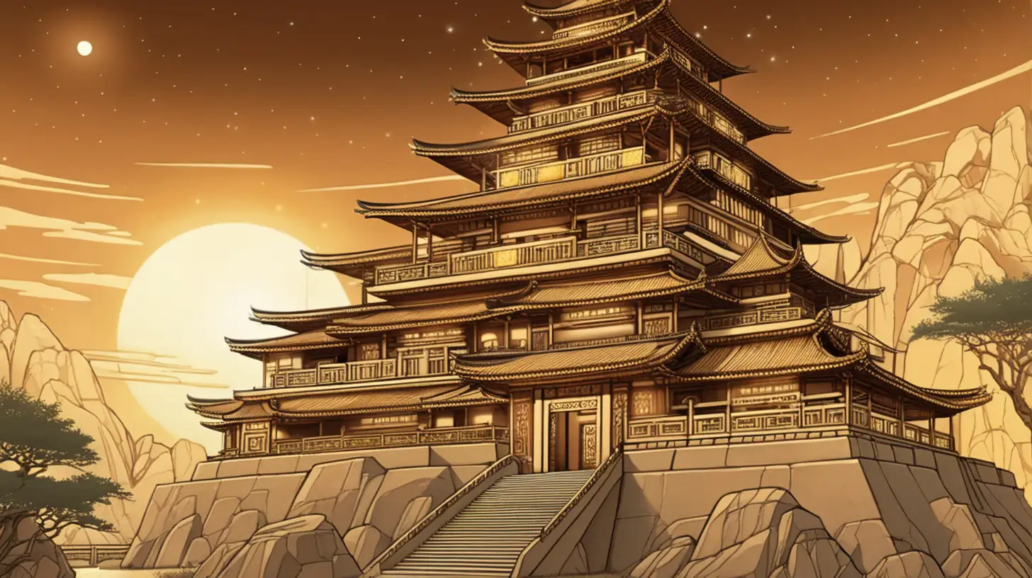 kingdom palace glowing with bright light, asian-influence, african-influence, comic book style, in color, earth tones