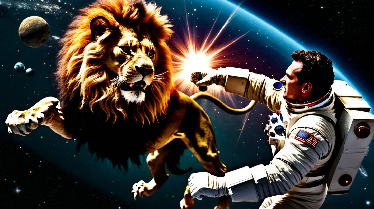 a man and a lion fighting in space