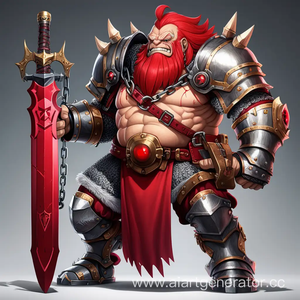 Рыцарь в доспехе зверя, броня берсерка аниме, Огромный красный меч с глазом с цепью привязанной ногой, рыжий дед, с мортирой вместо ноги