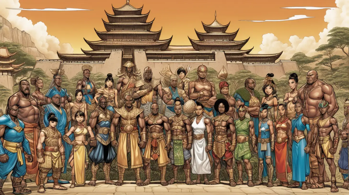 large kingdom, asian-inspired, african inspired, modern, comic book style, in color
