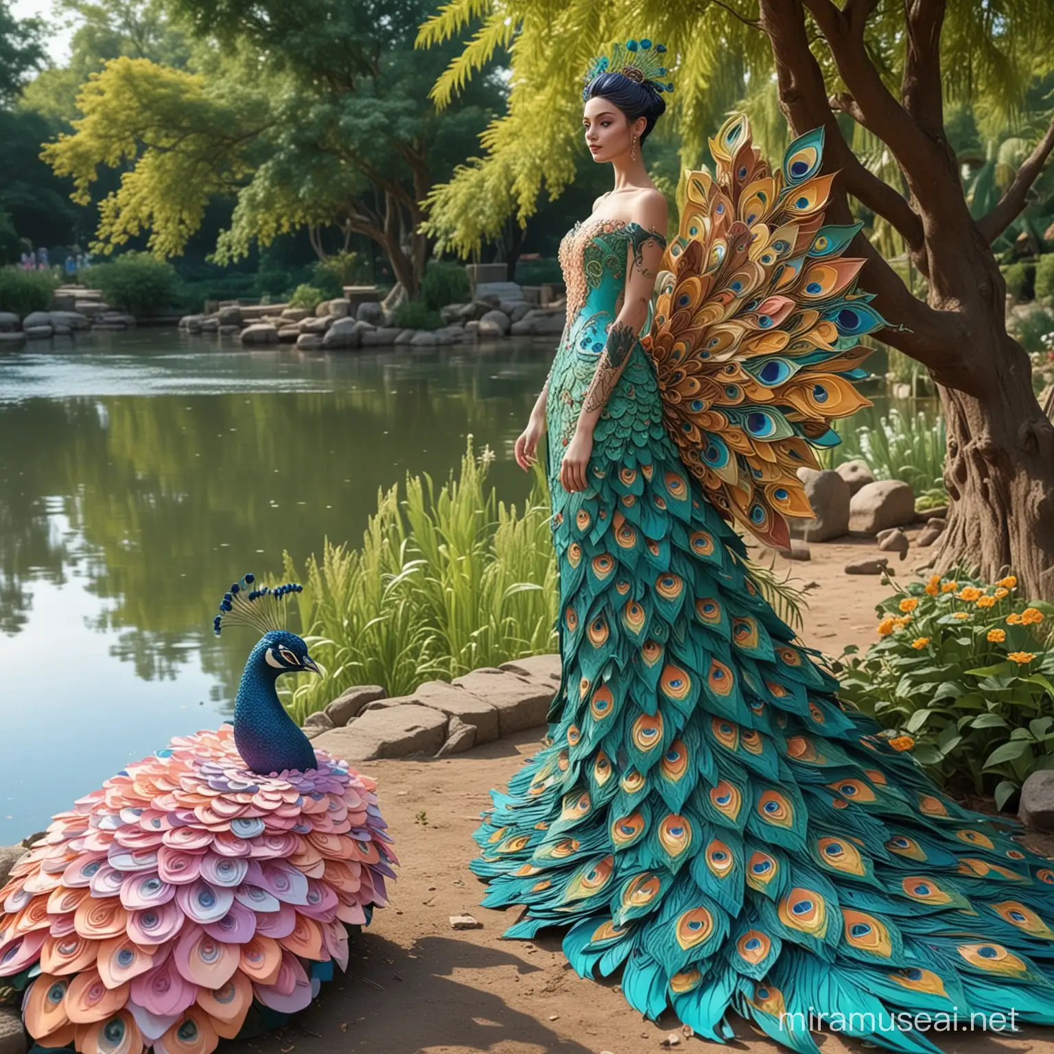 Realistic Human Peacock in a Whimsical Paper Wonderland