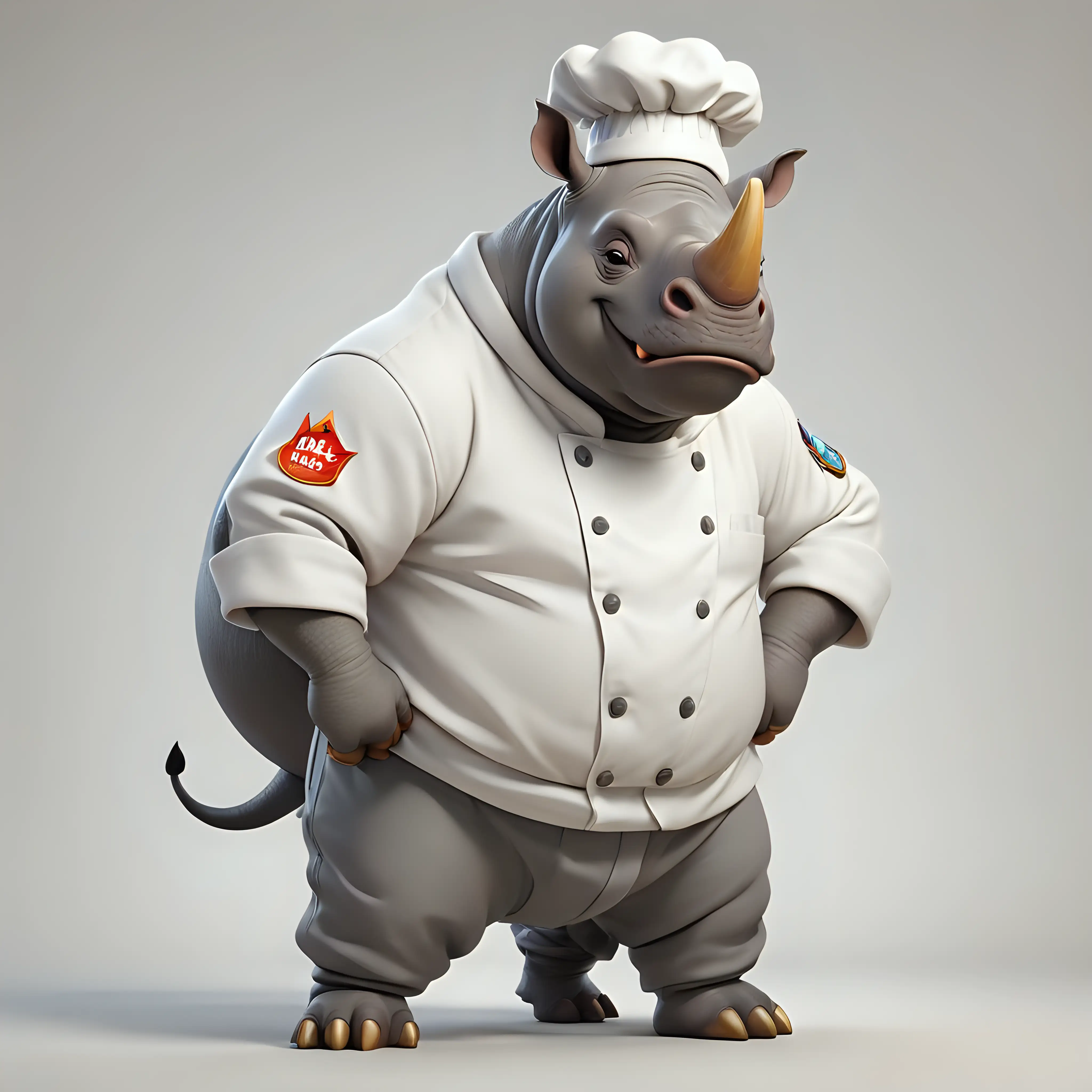 Cartoon Rhinoceros Chef in Full Attire on White Background