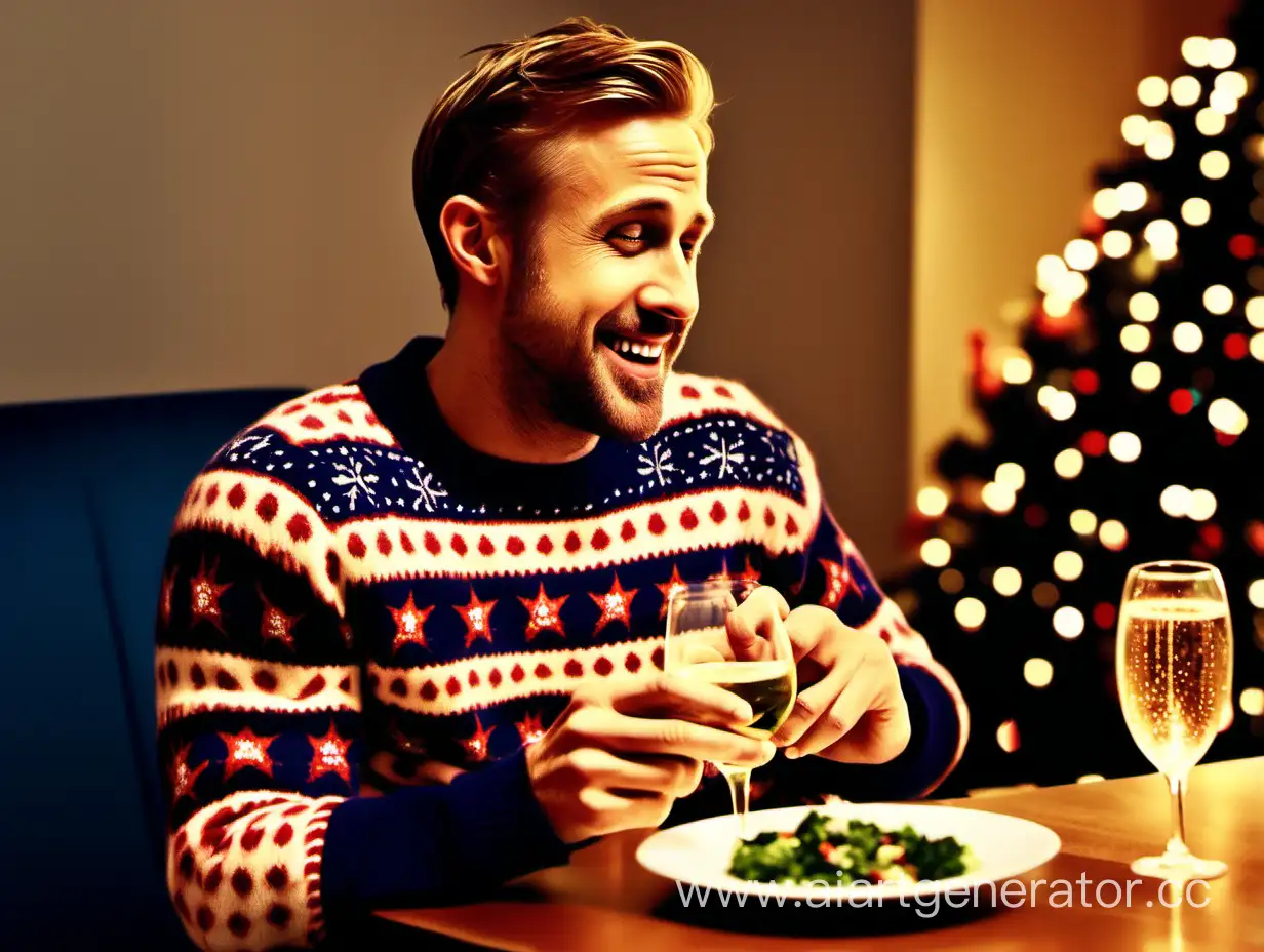 Радостный Райан Гослинг в тёплой уютной атмосфере, в рождественском свитере, кушает оливье и держит бокал шампанского