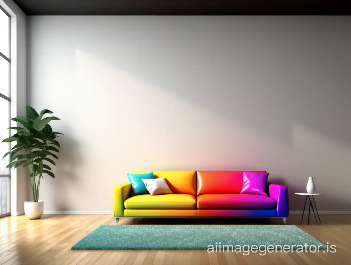 create a colorful living room with a modern couch in front without a table and an empty wall behind (wide angle view)(ultra-high definition resolution photo-realistic image)